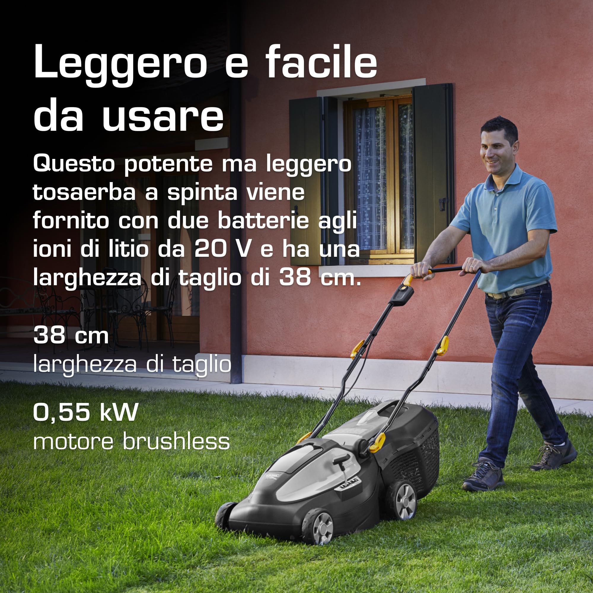 Rasaerba a batteria Alpina AL1 3820 Li Kit, larghezza di taglio 38 cm, batteria da 20 V (2 x 4 Ah), 550 W, fino a 350 m², batteria e caricabatterie inclusi, nero