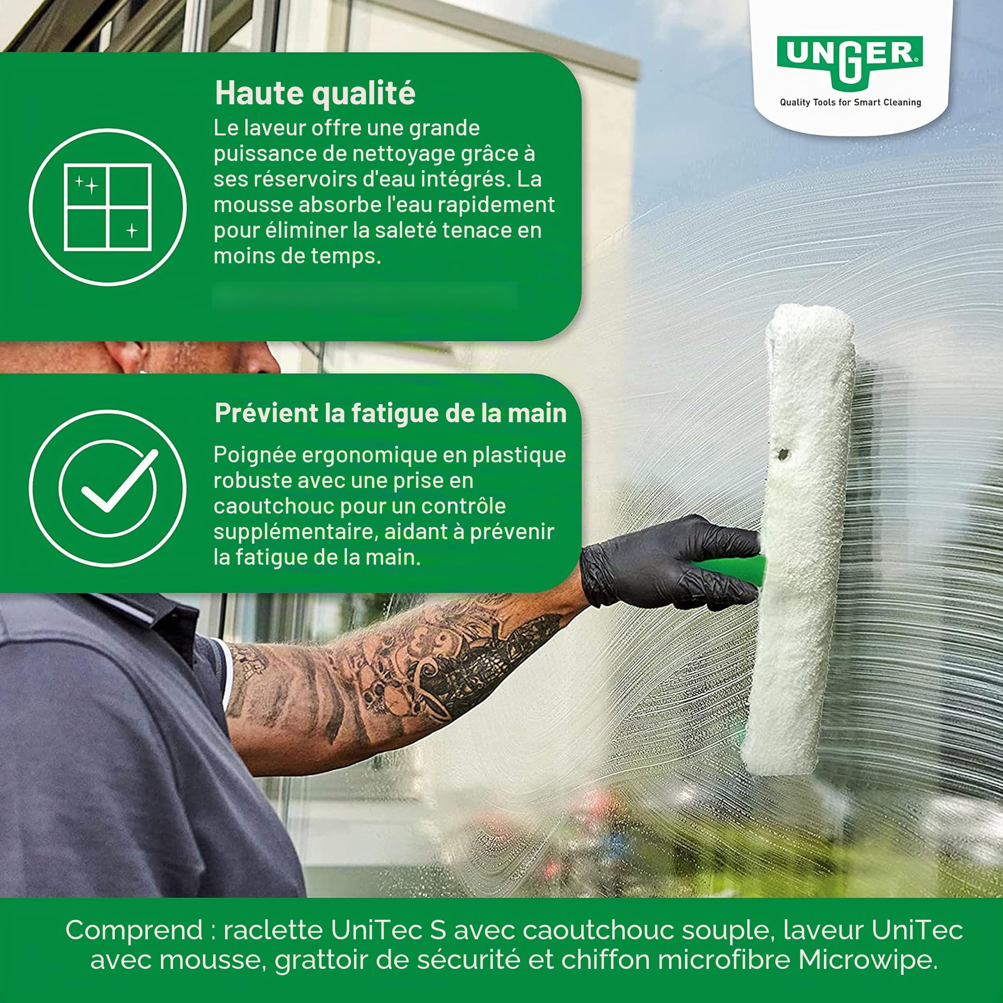 Unger Unitec Kit de Nettoyage de fenêtre avancé 4 en 1, équipement Professionnel de Nettoyage de vitres d'intérieur et d'extérieur, raclette, Lave-vitres, grattoir de sécurité, Chiffon en Microfibre,