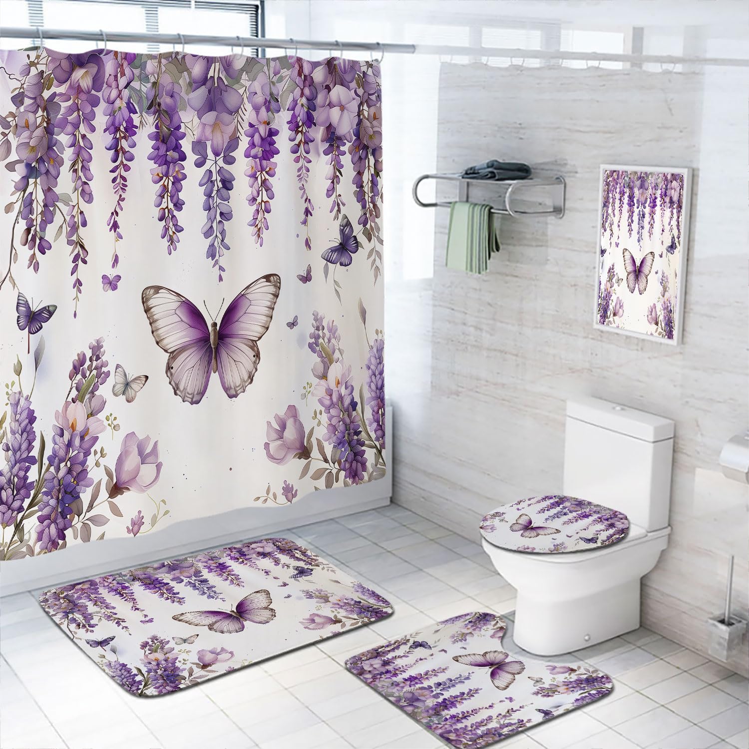 4 Pcs Purple Butterfly Shower Curtain Set with Non-Slip Rugs, Toilet Lid Cover and Bath Mat Spring Floral Lavender Lilac Summer Bathroom Decor Sets Accessories with 12 Hooks