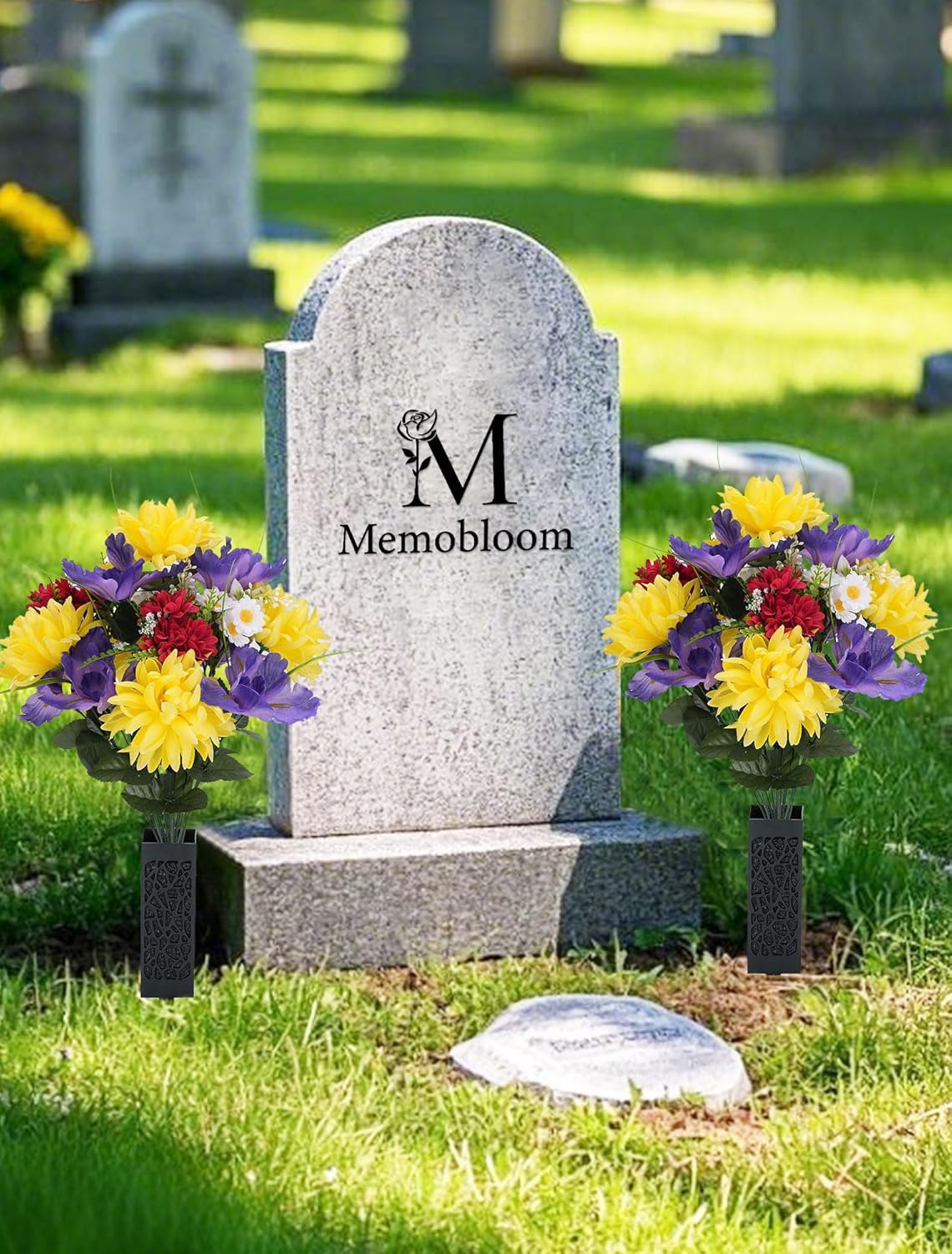 Artificial Memorial Flowers for Cemetery: 2 Pcs Cemetery Flowers for Grave Decorations - Realistic Yellow Mums Purple Iris Bouquets with Vases for Gravisite Outdoor - Image 2