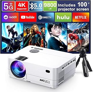 5G WiFi Bluetooth Native 1080P 4K Support Projectors [100" Projector Screen Includ], FINATI AMZFUN Portable Movie Projector 9800LM, Movie Projector for Outdoor Use with Tripod for iPhone/Laptop/PS5