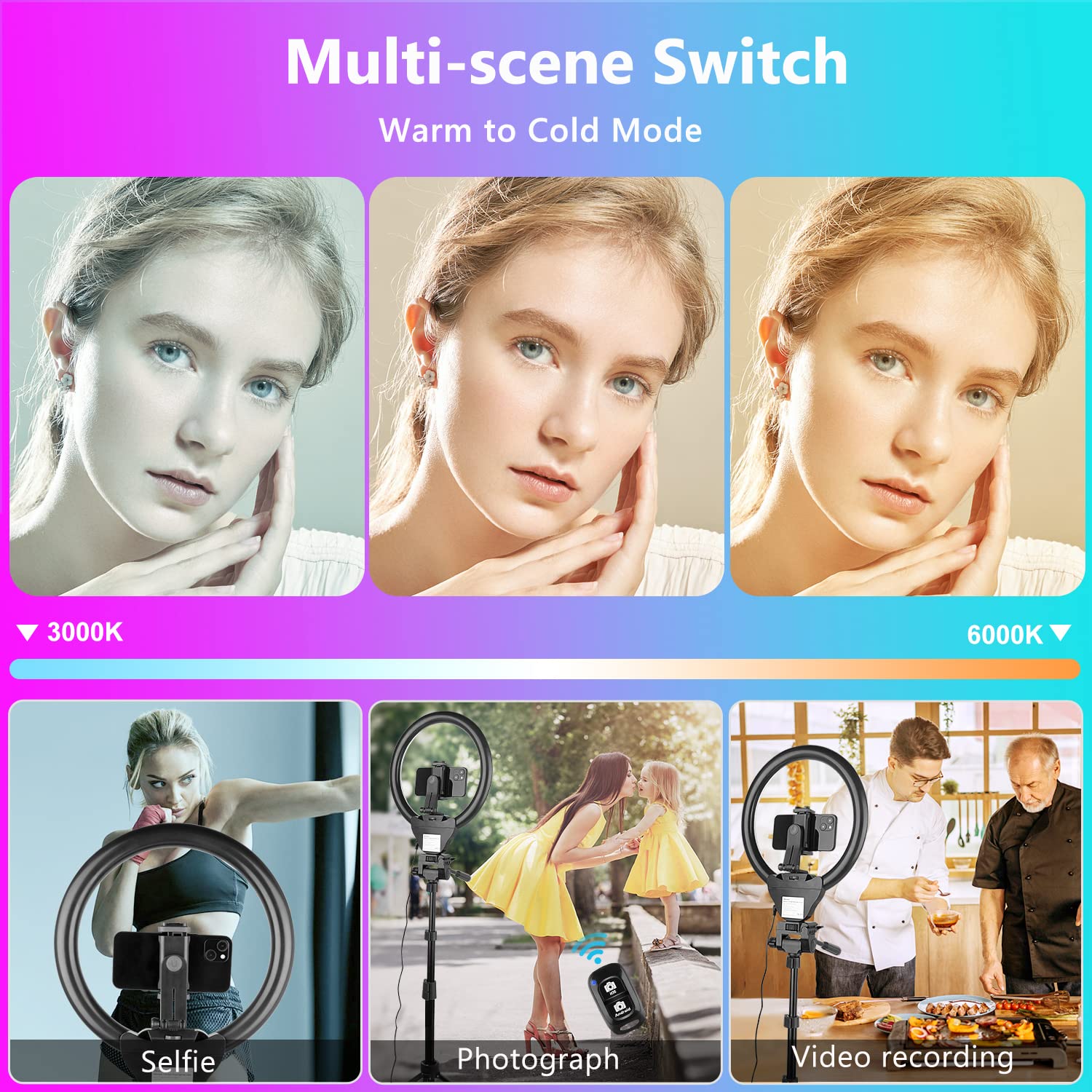 UBeesize Lampa pierścieniowa 12 cali RGB, statyw 170 cm ze zdalnym wyzwalaczem, 3 kolory i model 35 RGB, przyciemniane światło pierścieniowe do selfie, stream na żywo, makeup, Tik Tok, YouTube