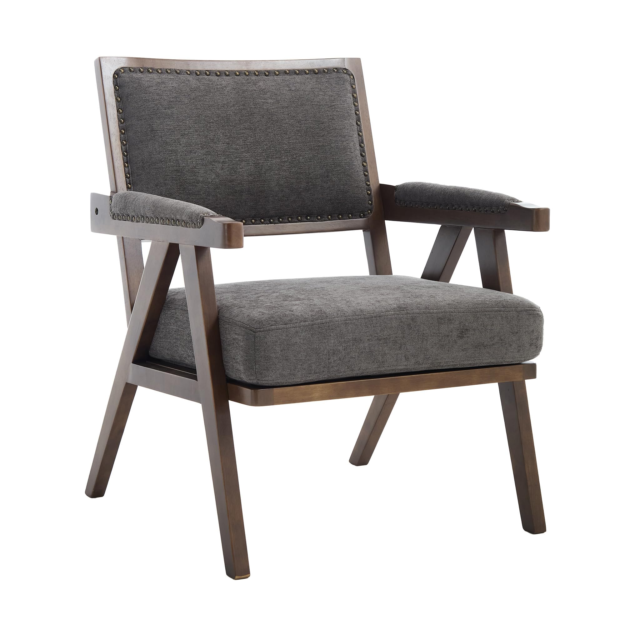 Lexiou Mid-Century - Sillón individual de tela con reposabrazos, marco de madera acolchado, para salón, dormitorio, estudio, oficina, decoración (gris)