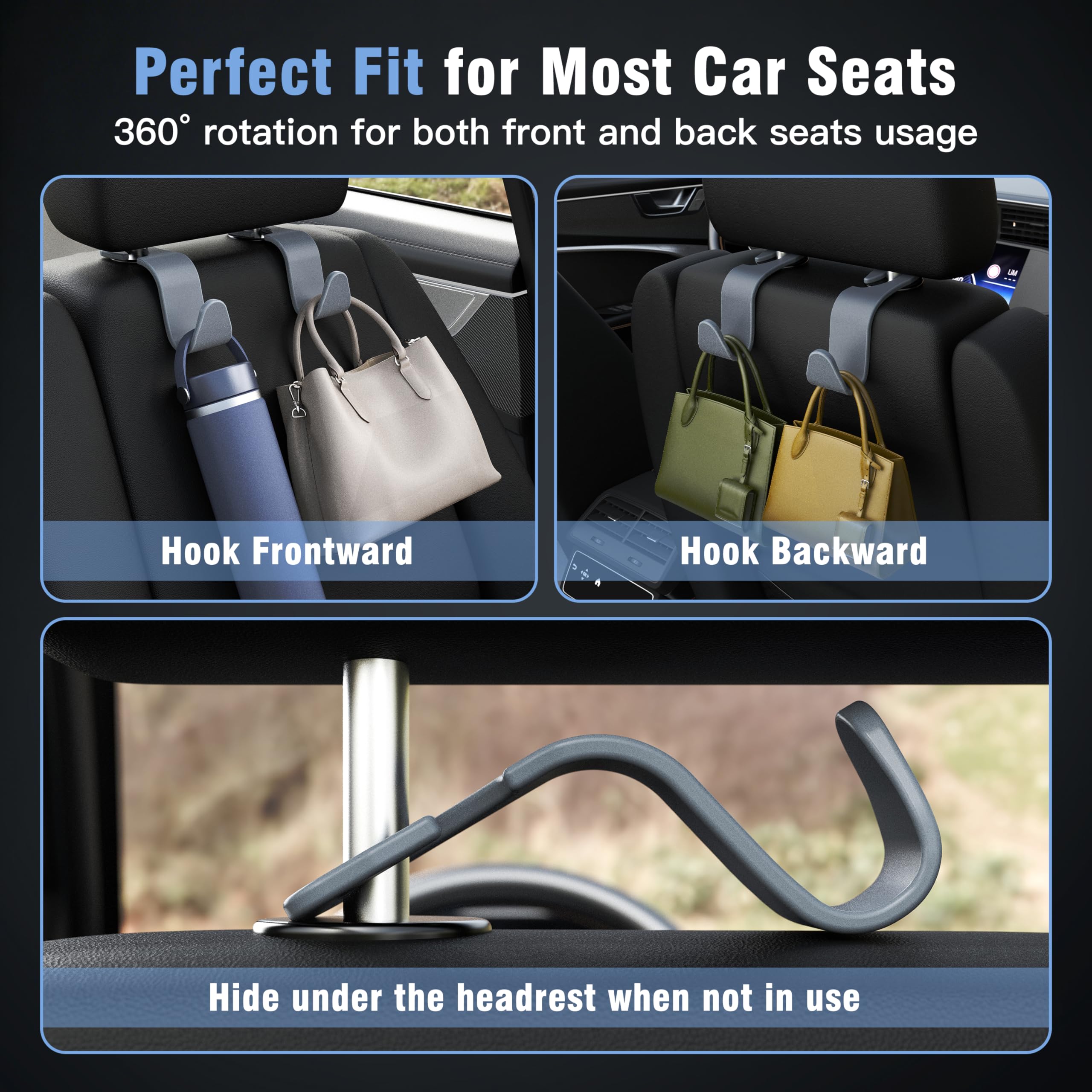 4-Pack Car Headrest Hooks Holds 55lbs Seat Storage Organizer for Bags view 4