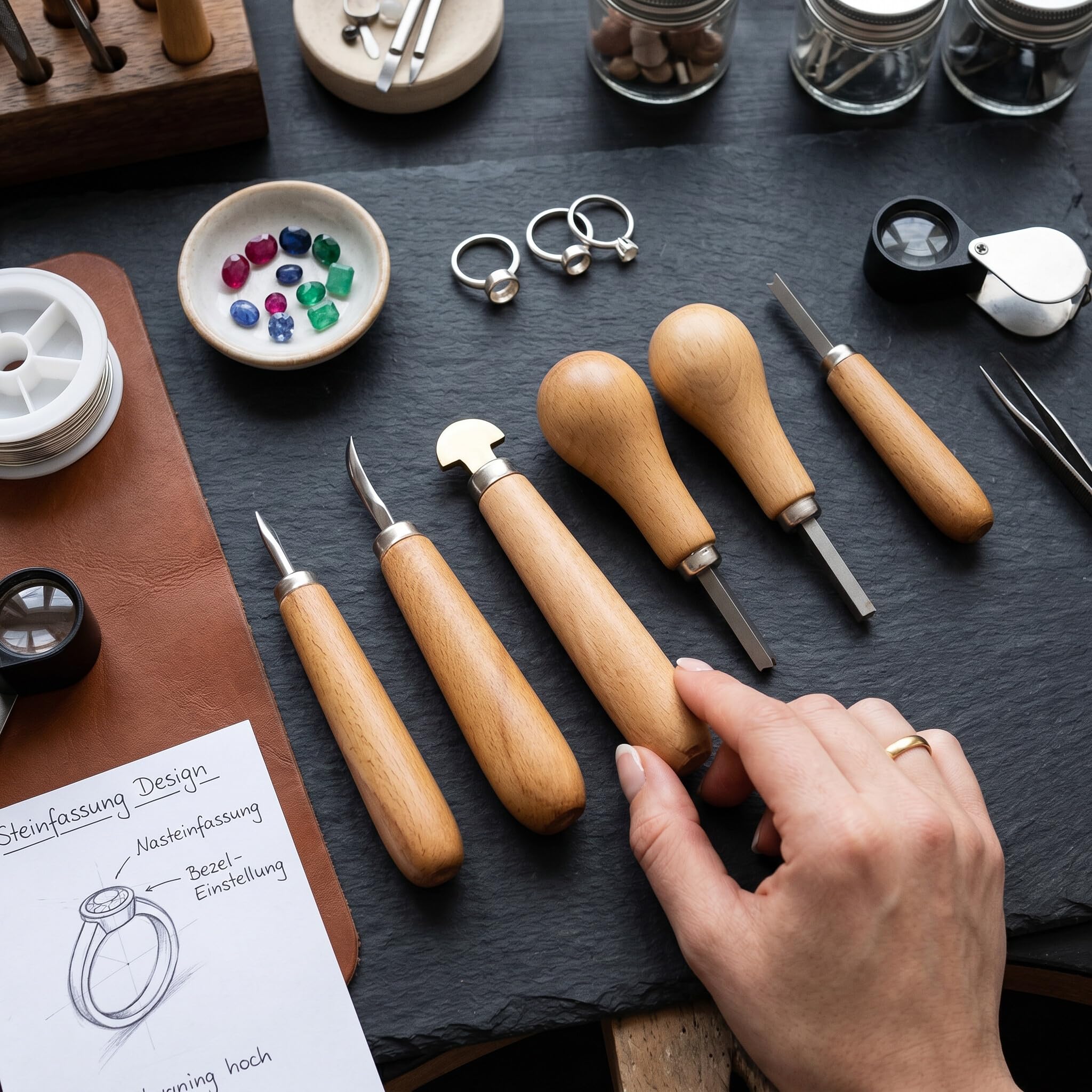 Kit de Herramientas de Ajuste de Piedra Premium con de Madera, 5 Herramientas de Ajuste de Piedra de Joyería para Ajustes Seguros de Piedra, Profesionales de la Joyería