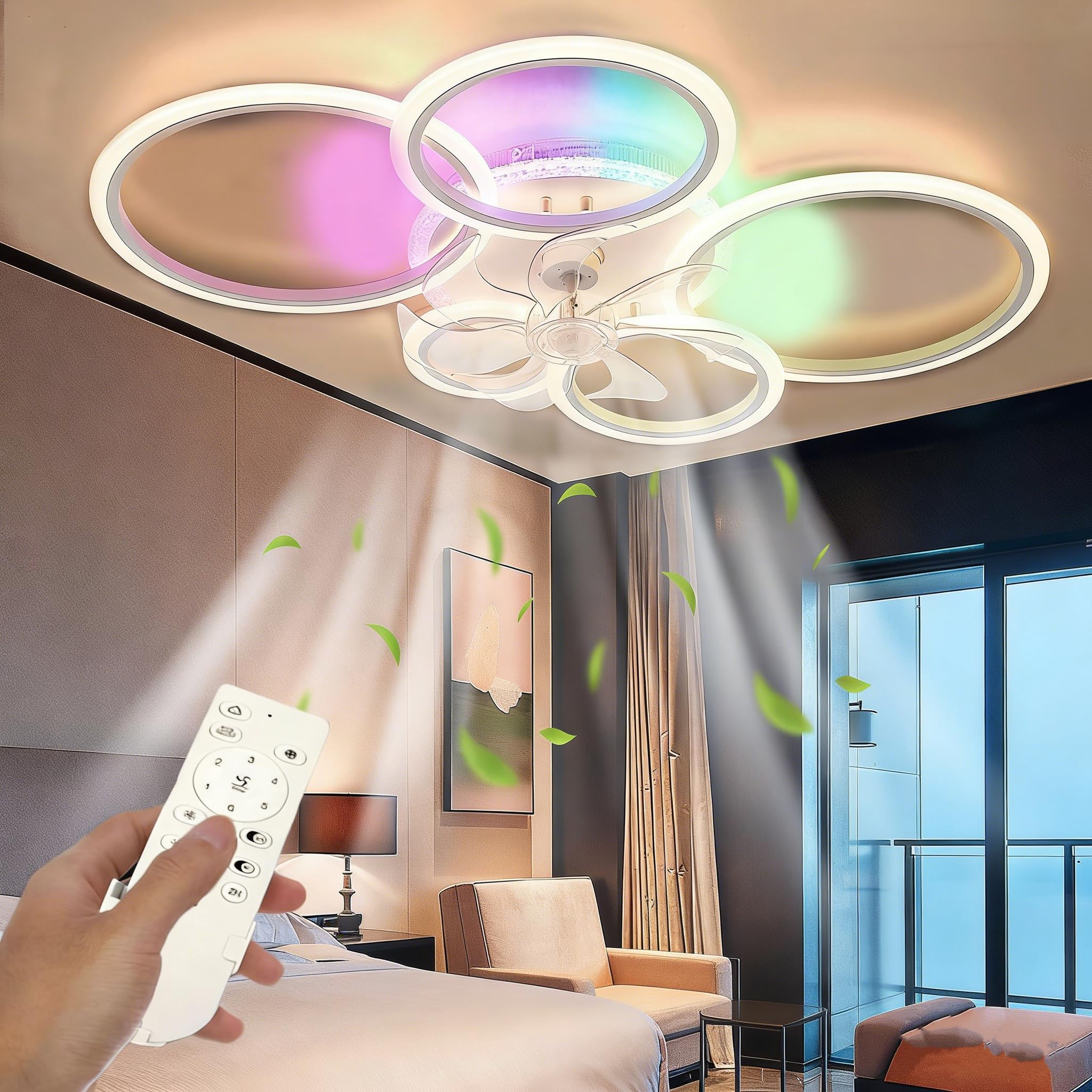 RGB LED Deckenventilator mit Licht, Leiser Ventilator dimmbar, Farbwechsel | Deckenlampe 96cm Fernbedienung, 6 Stufen, Timer & Reversierfunktion, Deckenleuchte für Schlafzimmer, Kinderzimmer Wohnzimmer