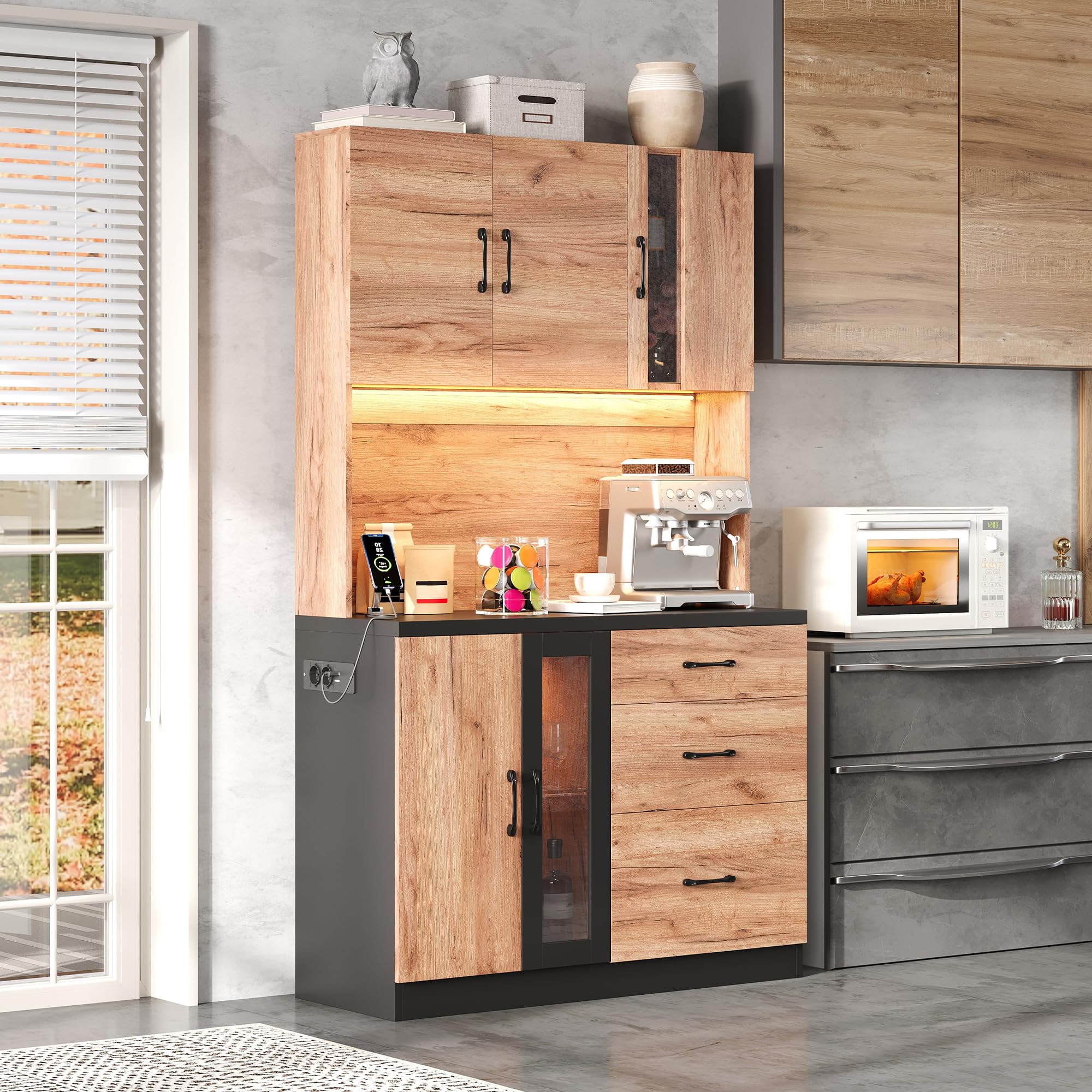 105 x 40 x 180 cm, moderno mobile da cucina, nero e effetto legno con illuminazione a LED, ripiani regolabili e presa in stile euro, adatto per cucine, sala da pranzo, soggiorno, ecc.