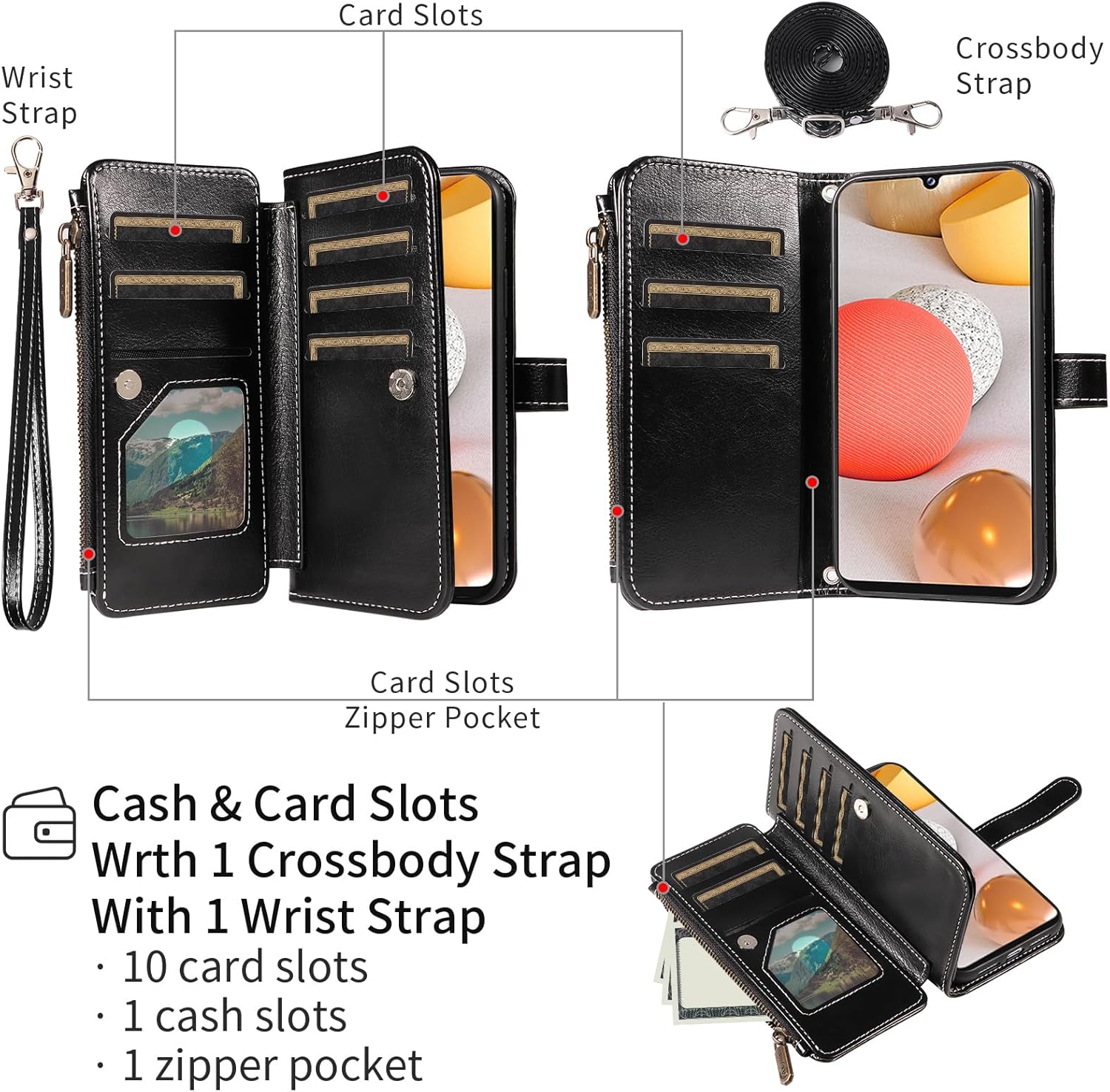 Asuwish Phone Case for Samsung Galaxy A42 5G Cover with Tempered Glass Screen Protector and Lanyard Zipper Wallet Card Holder Slot Stand Mobile Cell Accessories A 42 G5 42A S42 4G 2021 Women Men Black