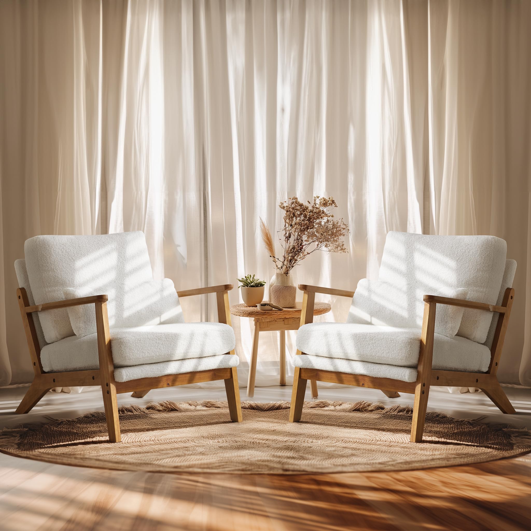 VINGLI Mid Century Modern Accent Chair,Upholstered Armchair with Lumbar Pillow & Wide Armrests, Comfy Occasional Chair with Solid Wood Frame for Living Room, Bedroom, Small Spaces (White-2pcs)