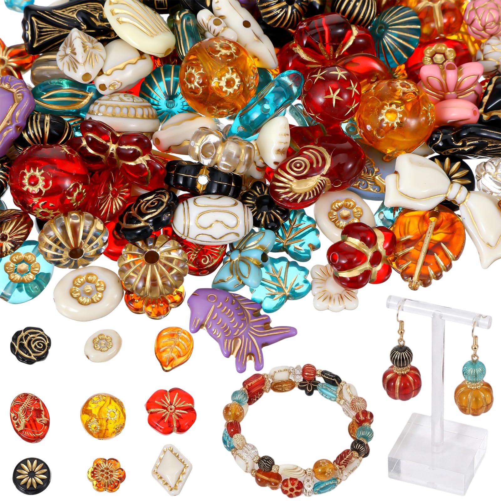 Rahhlizs 90 Pcs Assorted Large Beads for Jewelry Making 100G Cute Beads Acrylic Vintage Baroque Style Czech Bead for Crafts Jewelry Making Charm Necklace DIY Crafts, Dark Colorful