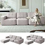 108" Boneless sectional Couch for Living Room,Convertible L-Shape Fleece Couches with Ottoman, Cloud Modular Sofa with Deep Seat for Bedroom, No Assembly, Beige