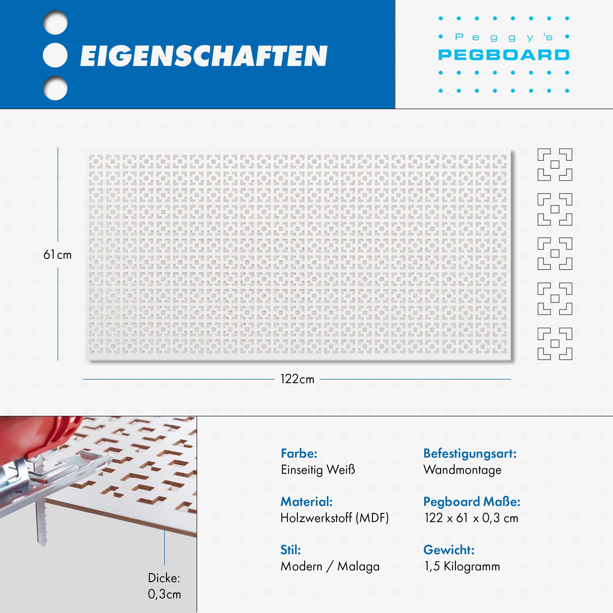 PEGBOARD - Malaga parete forata 122x61x0,3 cm, pannello MDF laccato bianco - Made in Germany - Rivestimento termosifone, porta, paravento o griglia di ventilazione