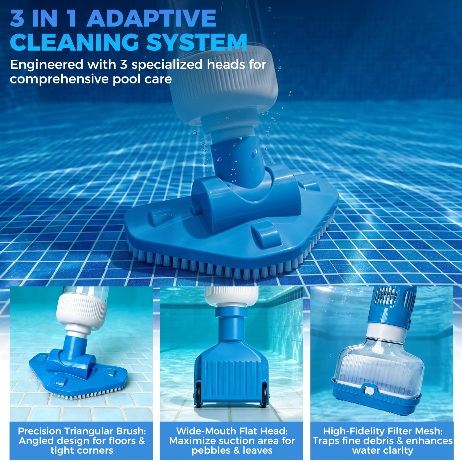 Aspirateur de Piscine sans Fil, 3 en 1 Nettoyeur Électrique à Batterie Rechargeable, Autonomie 70 Min, Aspirateur Piscine pour Spa, Bain à Remous, Piscine Hors-Sol et Enterrée, Bleu
