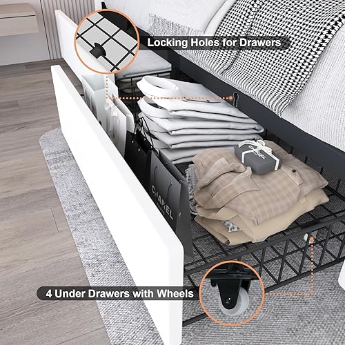 Miniatura 6 de Benevika Base de cama tamaño Queen con 4 cajones y cabecera LED ajustable, plataforma tapizada de piel sintética con estación de carga, soporte de