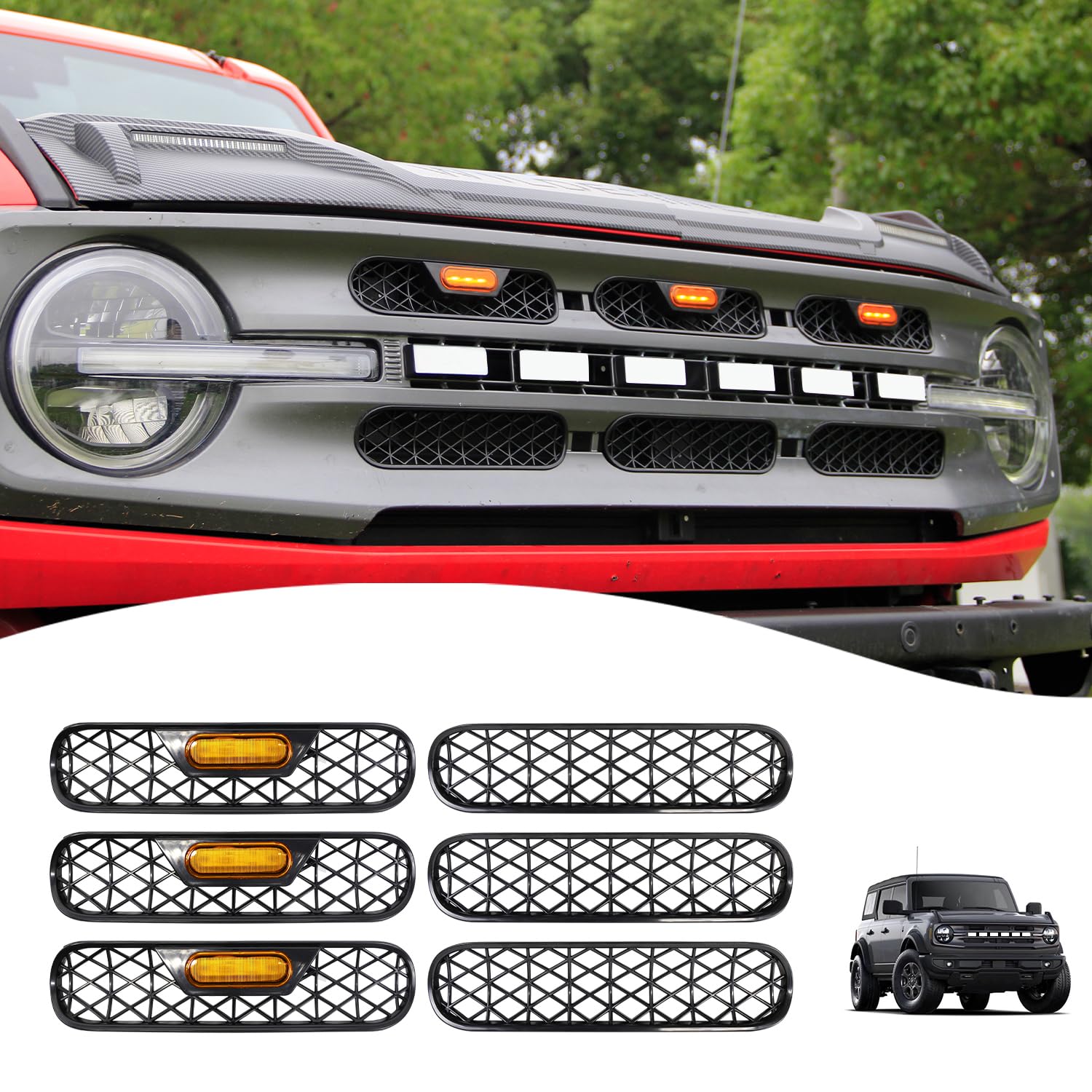 for Ford Bronco Big Bend Outer Banks Accessories Front Mesh Grille Inserts with LED Grill Lights & Grills Decoration Frame Trim Cover
