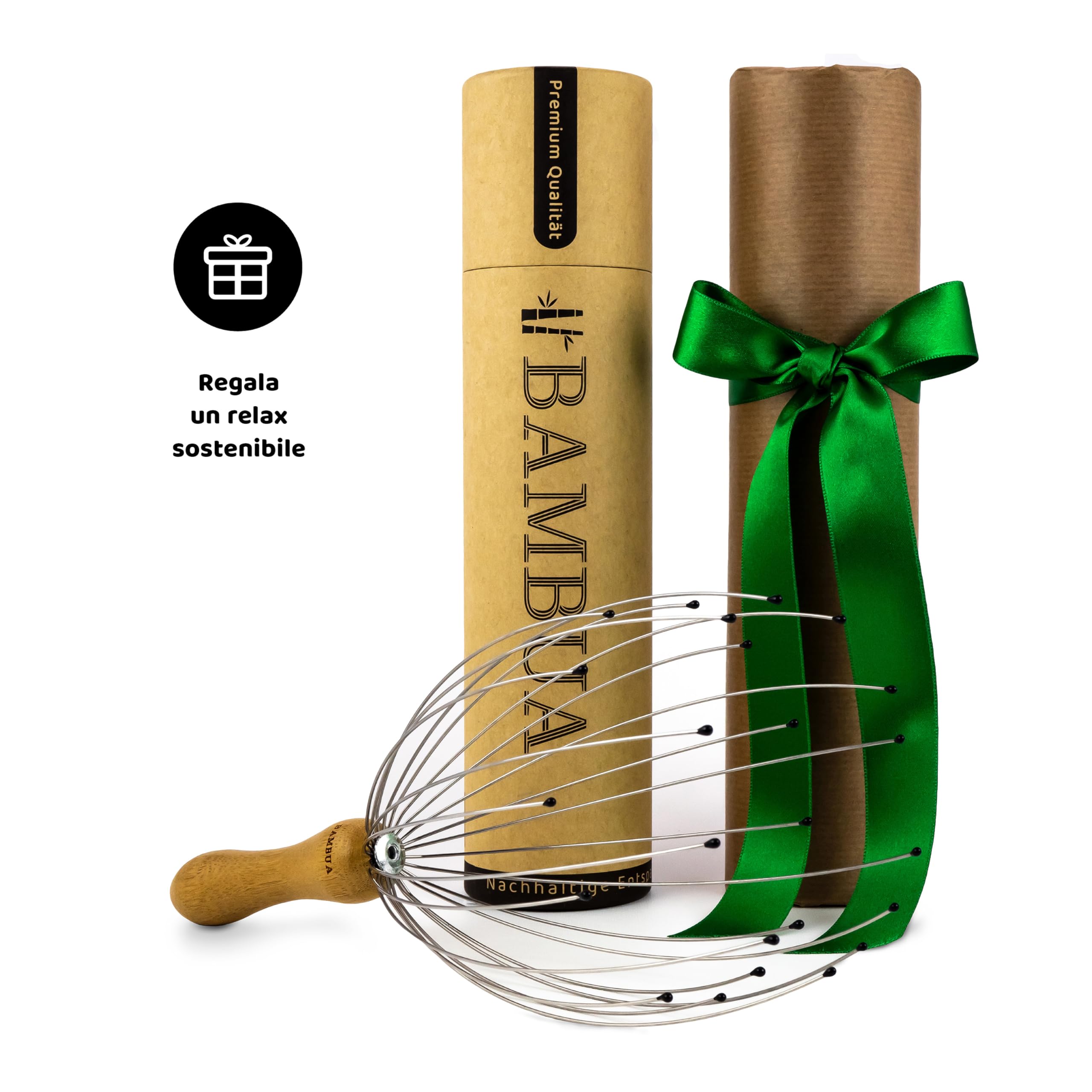 BAMBUA - Massaggiatore Testa Capelli (Manico in bambù) con 24 Dita - Massaggio testa di Alta Qualità per una Sensazione di Relax Sostenibile - Massaggiatore Cuoio Capelluto