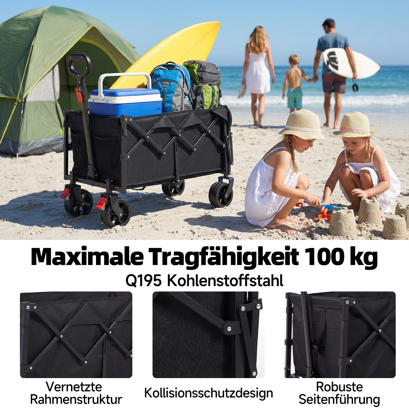 HAUSPROFI Carrello pieghevole da 100 l, portata 100 kg, adatto per fuoristrada, con freni, All-Terrain, tasca laterale e portabevande per esterni, campeggio, giardino e shopping