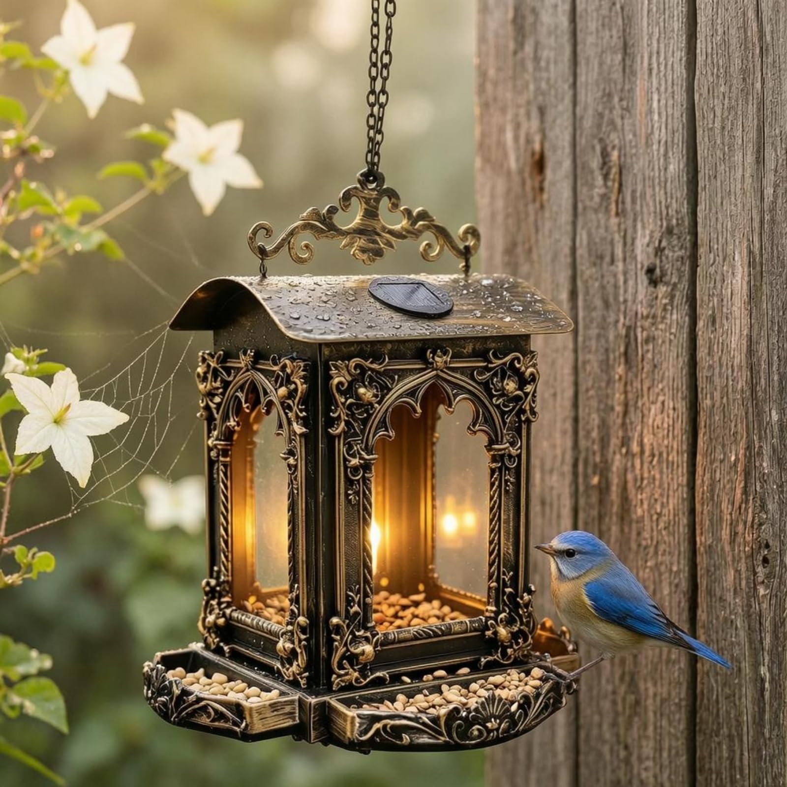 Mangiatoia per Uccelli da Esterno Mangiatoio Sospeso Distributore Appendibile Lanterna Solare in Struttura a Catena Adatta per Giardino Balcone, Stile Retrò Migliorato Con Pannello Solare