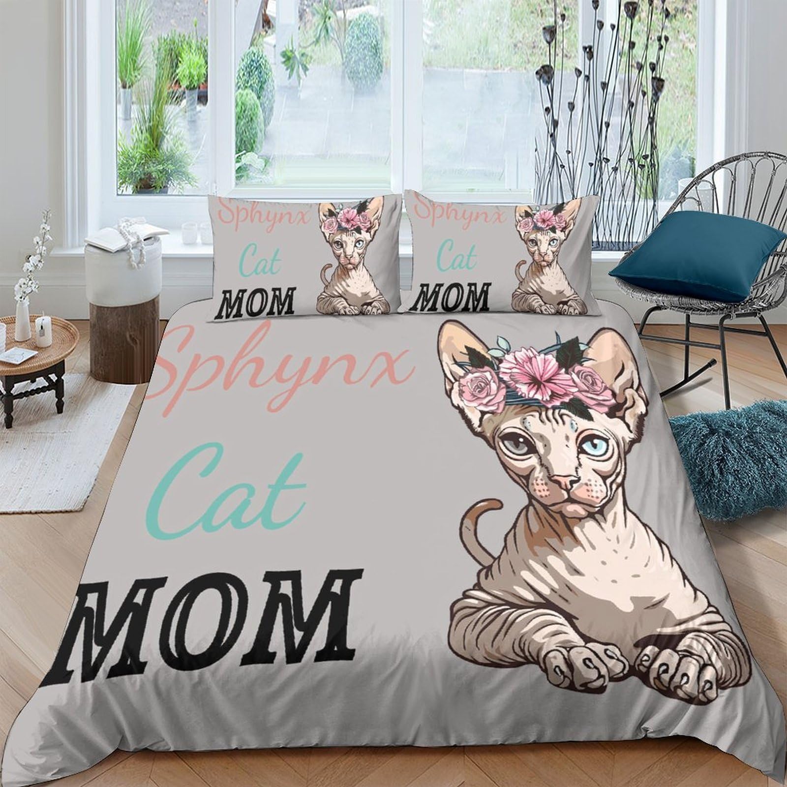 Ctjqhvkz Style-4 3D Printed Sphynx Cat Fitted Sheet Microfiber Soft Anti-Slip Floral Bed Cover For Bedroom Guest Room Decor Single（135X200cm）