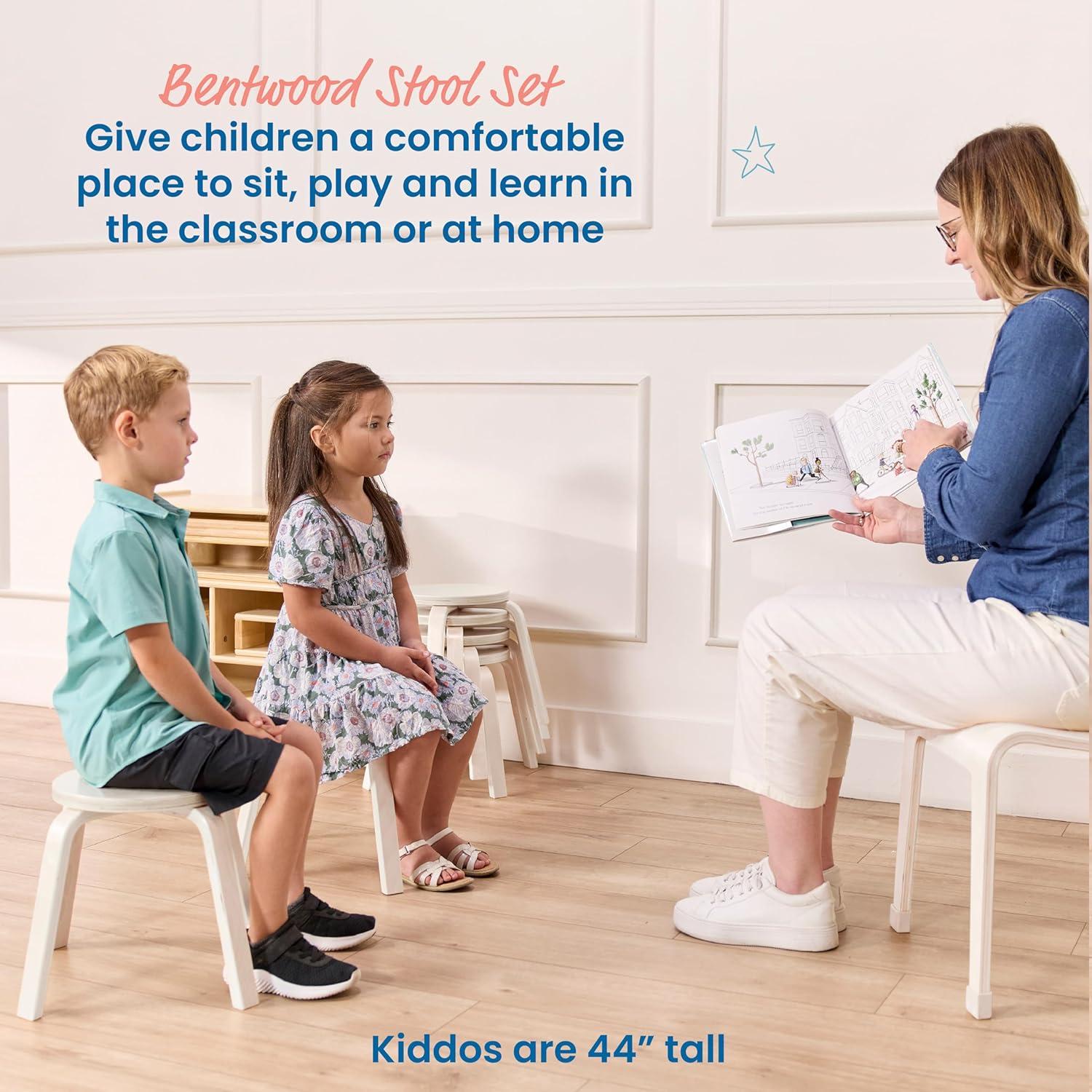 ECR4Kids Bentwood Stackable Stools, 12in Seat Height, Classroom Furniture, White Wash, 6-Piece