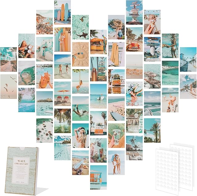 LLGLEU 50Pcs Double Sided Aesthetic Pictures Wall Collage Kit, 4x6 inch Collage Print Kit Wall Art Prints for Girls Boys Dorm Photo Display with 120Pcs Transparent Putty Double-Sided Adhesive, Blue