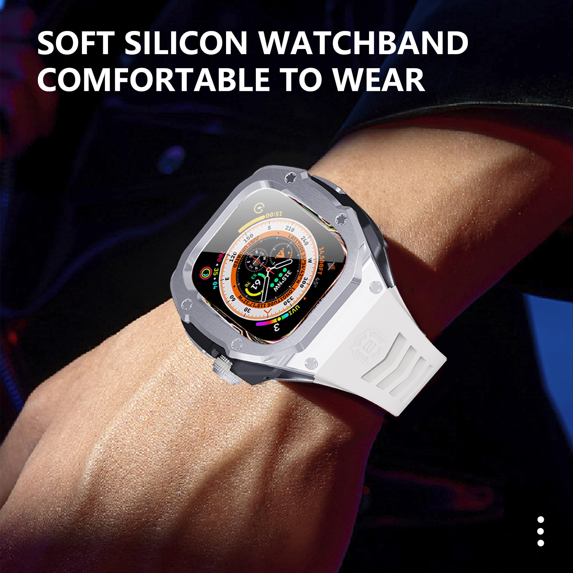 VeveXiao Wytrzymałe etui z paskiem kompatybilne z Apple Watch Ultra 2 paski 49 mm, metalowa osłona ochronna z wymiennym paskiem z gumy fluorowej do zegarka iWatch Ultra 49 mm, pasek męski