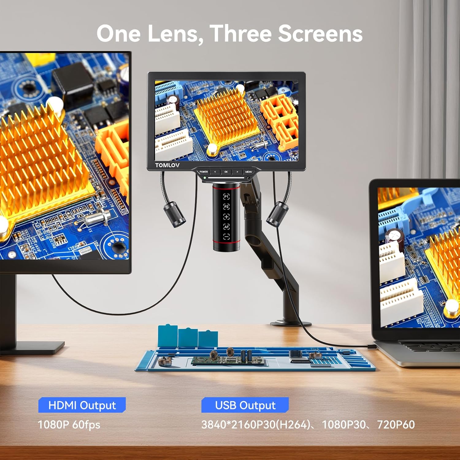 TOMLOV TM3K-AF Max Digital Microscope connected to multiple screens