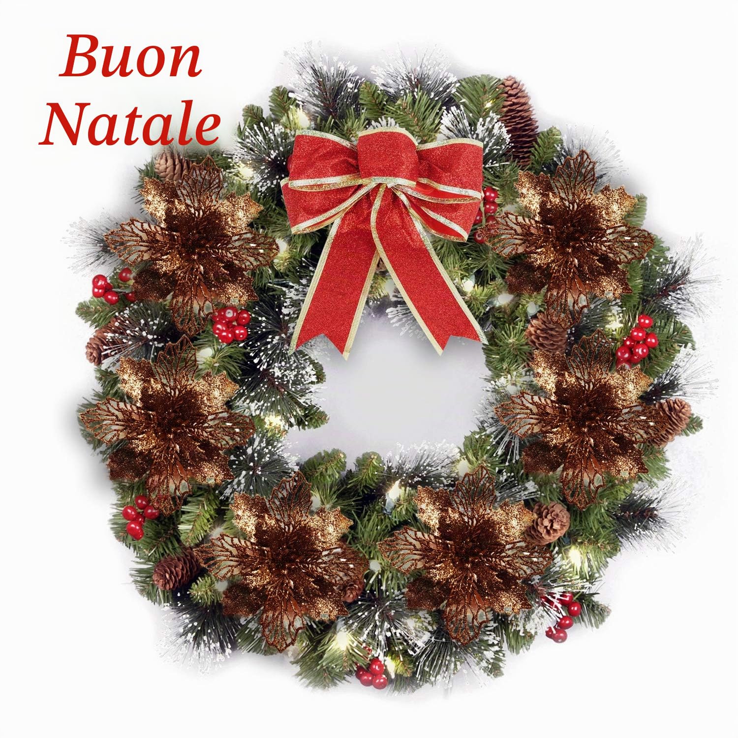 Confezione da 12 stelle di Natale artificiali, glitterate, decorazione per ghirlanda natalizia e albero di Natale, diametro 16 cm, con 12 aghi verdi flessibili