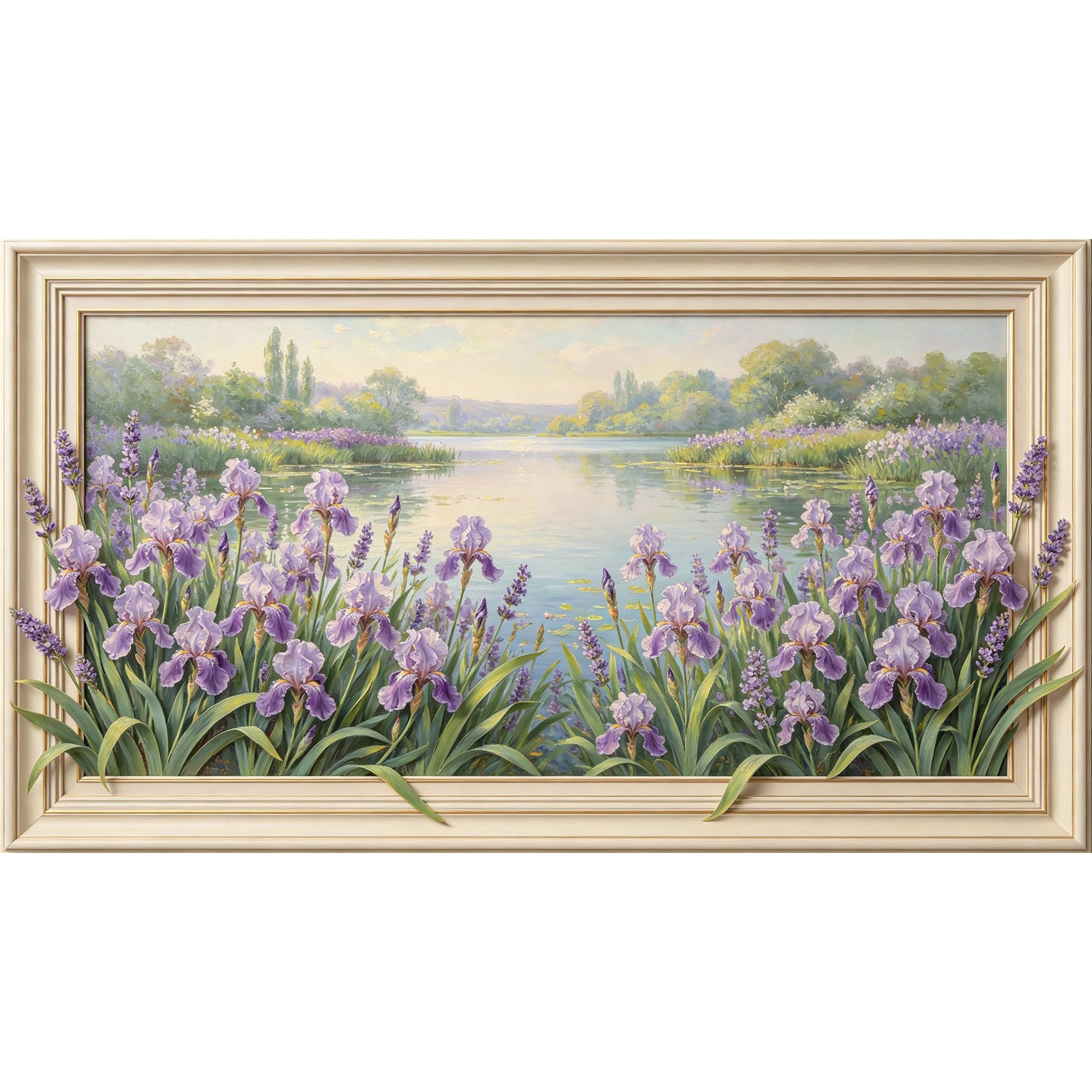 QZLITHOTIC 50×100cm 3D Framed Wall Art， Botanical Lake Landscape with Purple Iris and Lavender Self?Adhesive Mural， Water?Activated Peel & Stick Fabric Decor Wall Decal for Bedroom Living Room
