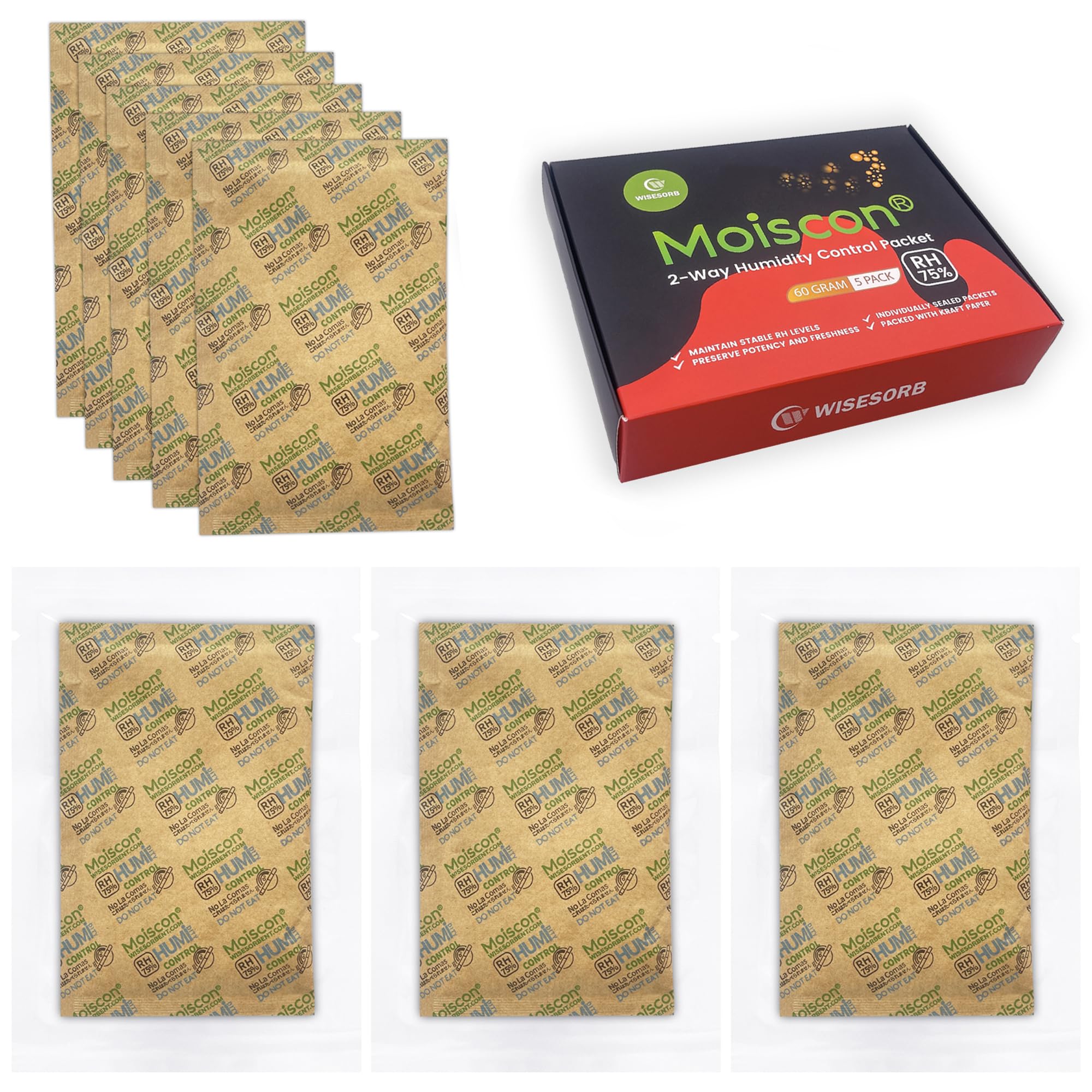75% Two-Way Humidity Control Packs, 60 Gram 5 Pack for Storing 1 lb, Size 60 Moisture Control Packets Individually Wrapped, Humidifier Packs for Storage Containers Hydration Packets