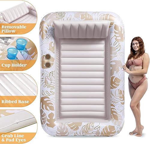 Miniatura 6 de Sloosh Flotador inflable para piscina de bronceado para adultos, 70 x 46 pulgadas, flotadores grandes de piscina para tina de sol, bañera de hielo,