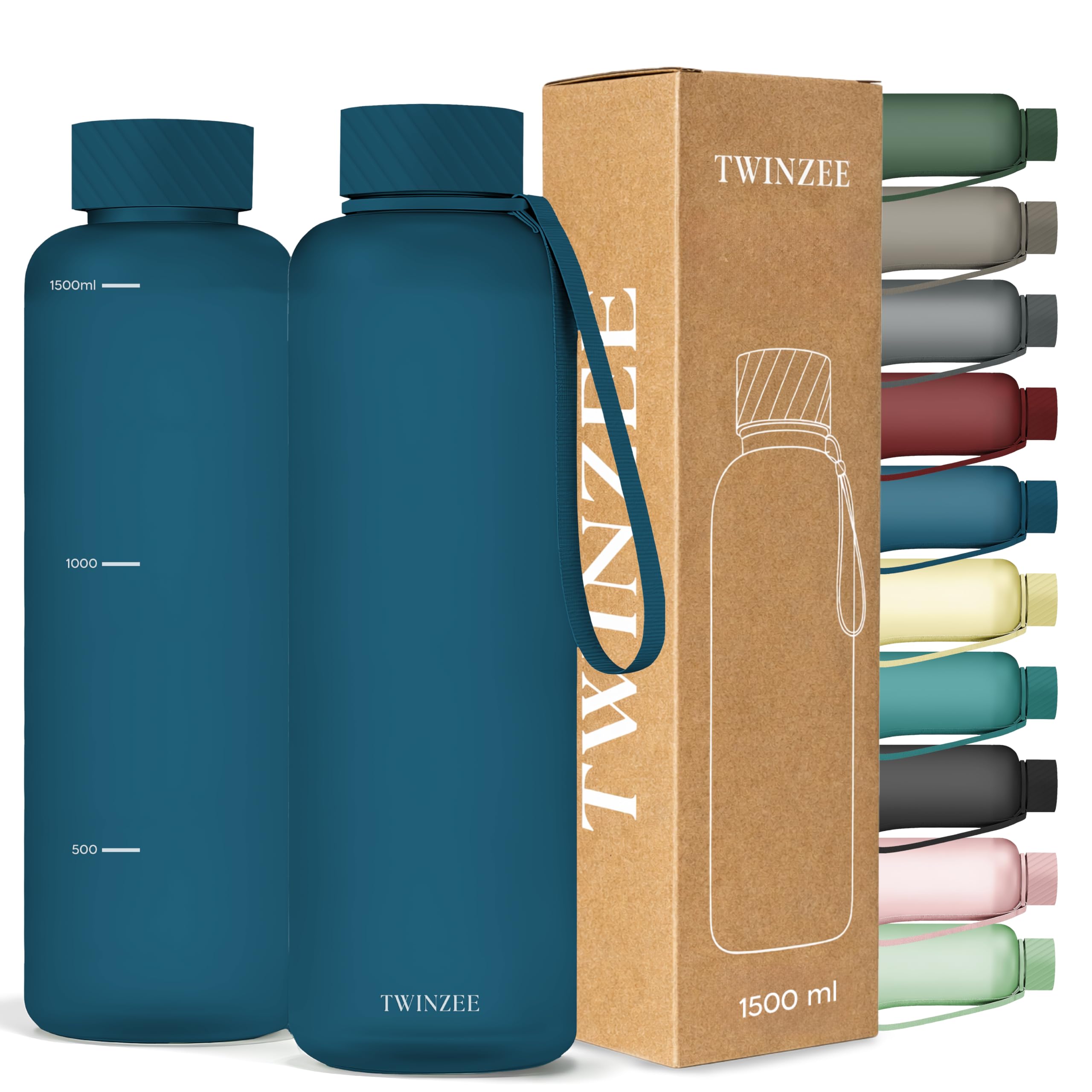 Twinzee Borraccia 1,5 litri - A Prova di Perdite, Senza BPA, Sostenibile - Water Bottle per Scuola e ufficio, Borraccia sportiva - Blu Scuro