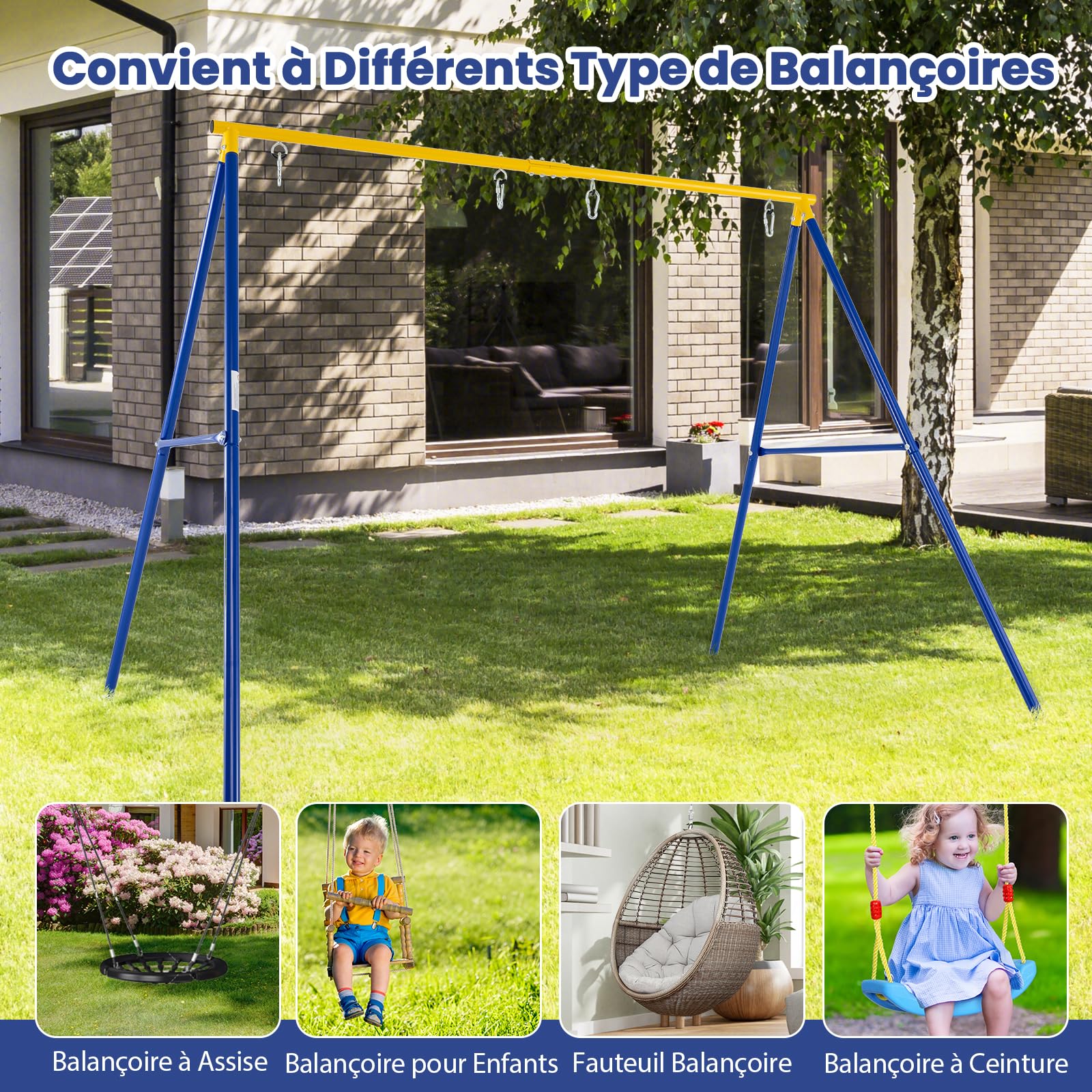 DREAMADE Portique de Balançoire Extérieur 1,8M, Structure Métallique en A pour Enfants 3+, 2 Place, Charge Max 300 KG(Jaune)