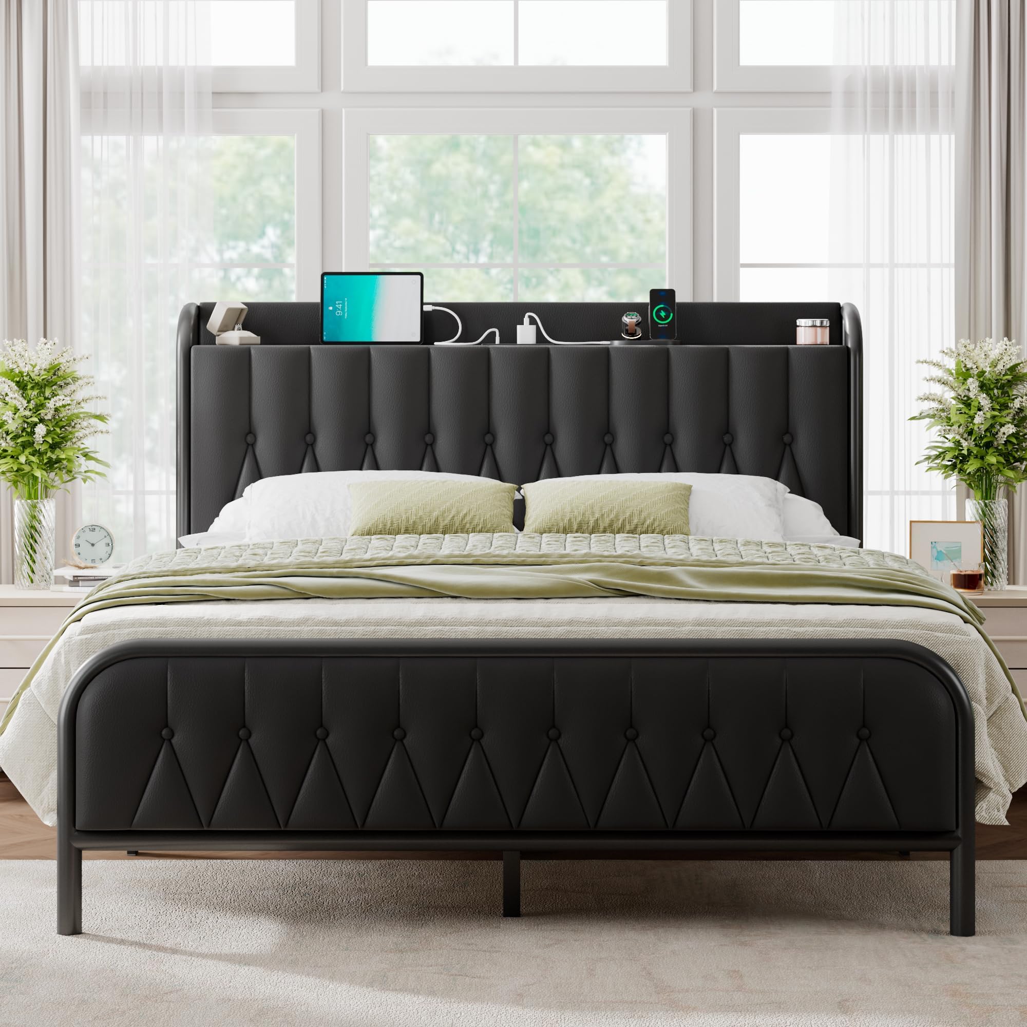 Queen Bed Frame with Fast Charging Station, Leather Queen Size Metal Platform Beds with Upholstered Headboard & Footboard,12" Underbed Storage Space,