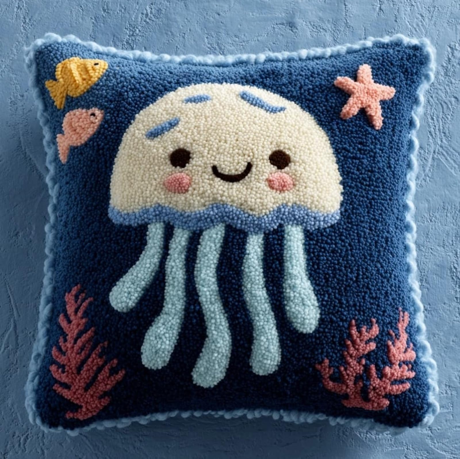WallustrioaW 43x43cm Latch Hook Embroidery Cushion Kit,Cartoon Jellyfish