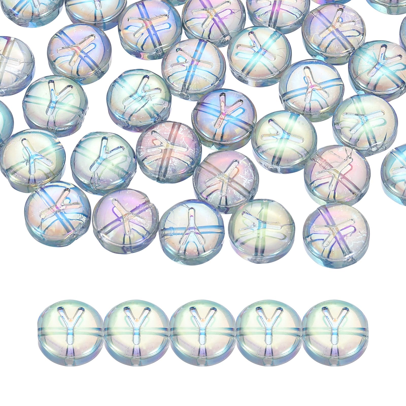 QUARKZMAN 60 Stück Buchstabenperlen für Armbänder, 10mm Runde Buchstaben Y Perlen zum Auffädeln Glasperlen für Armbänder Selber Machen Halskette Ohrring Schmuckherstellung, Blau Grün