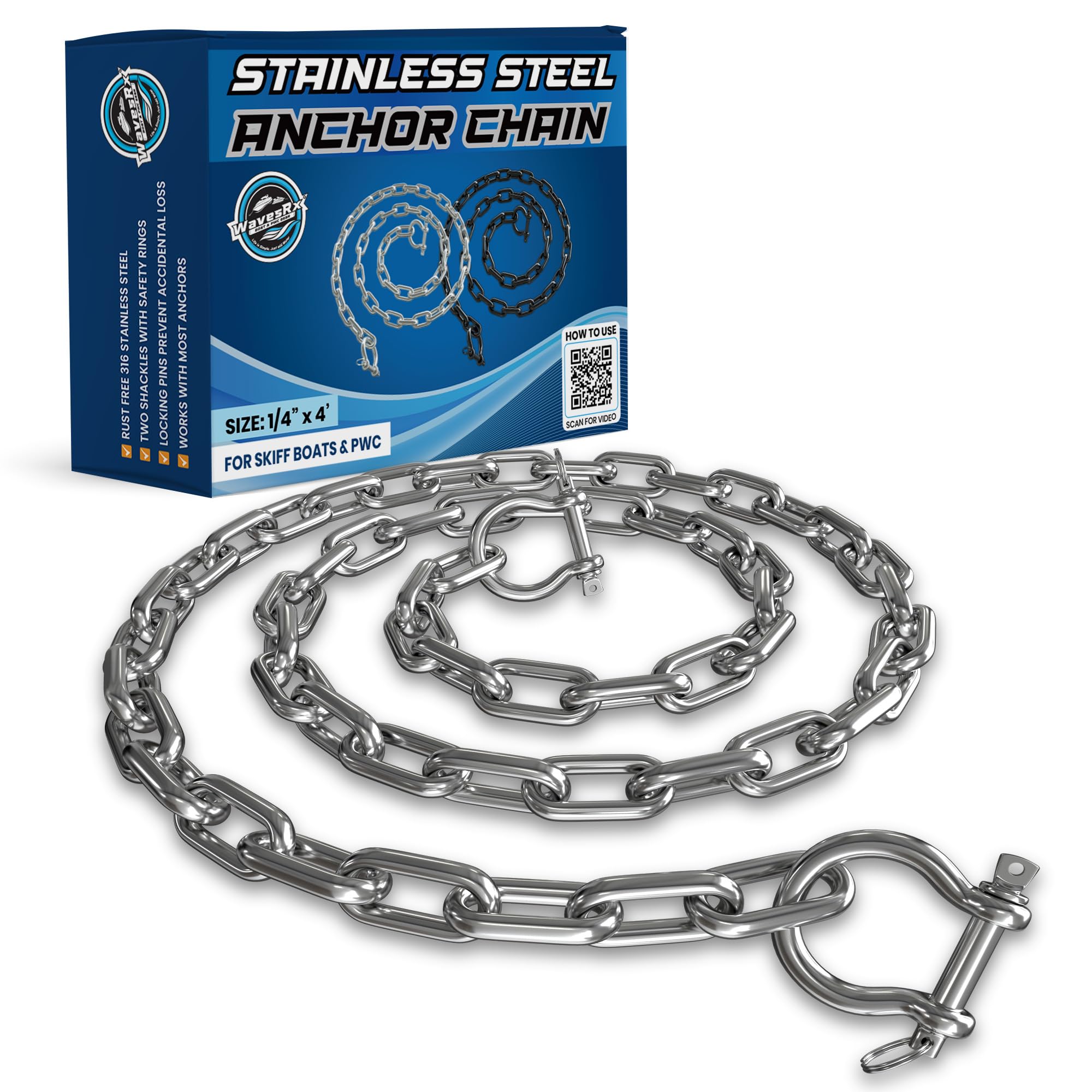 WAVESRX Stainless Steel Anchor Chain for Boats, Jet Skis & PWC l Premium Marine Grade Zero-Rust Boat Anchor Chain with Anti-Lost Dual Link Shackles | Must-Have Boat Accessories