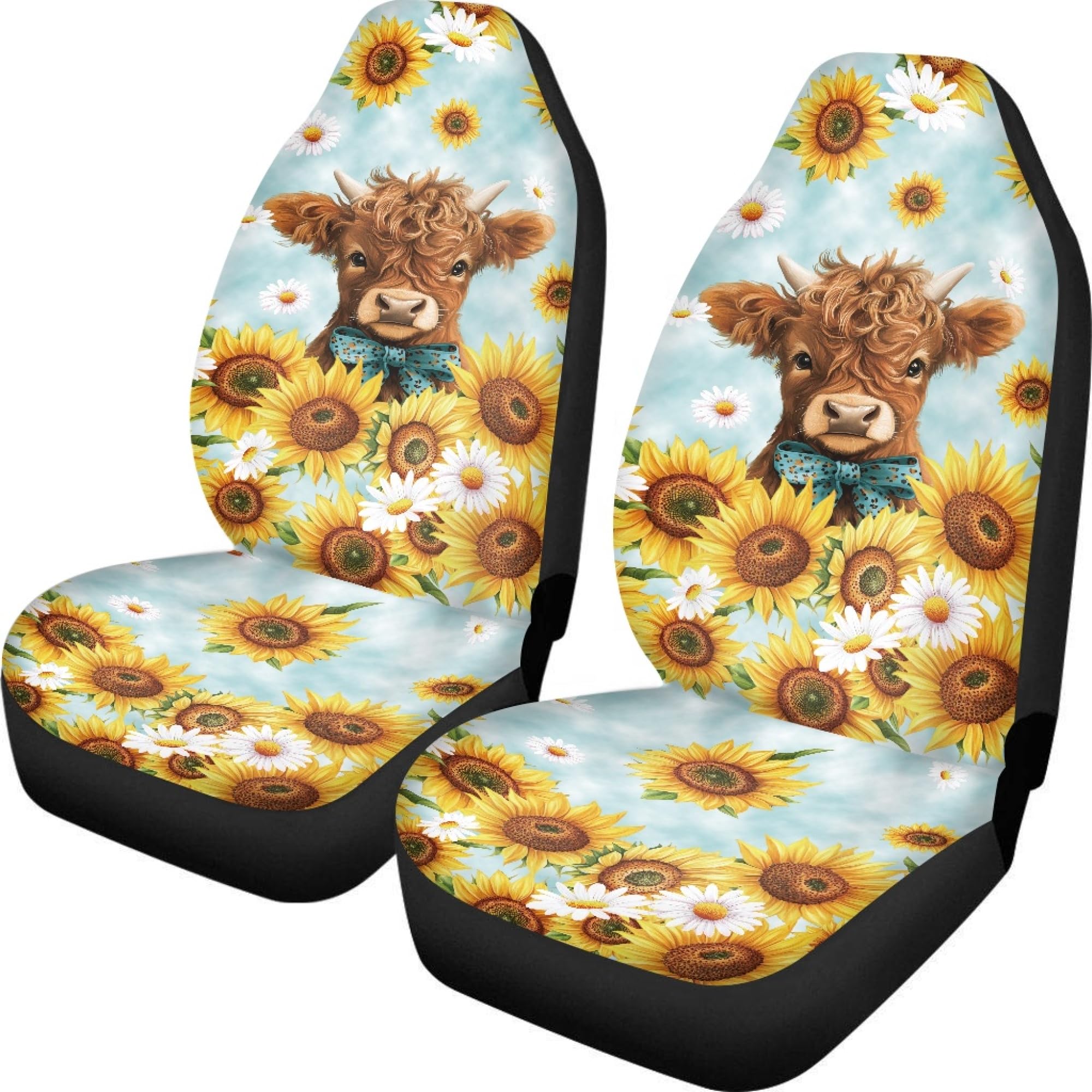 Quelytytrip Highland Cattle Sunflower Print Car Seat Cover for Women,Universal Front Seat Covers Fit for Most Cars,SUV,Truck,Sedan or Van