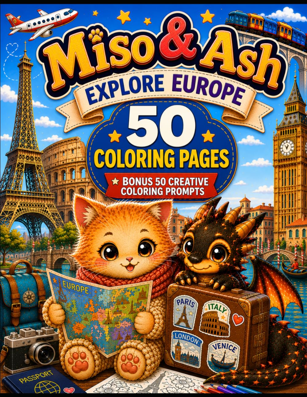 Miso & Ash Explore Europe: 50 Coloring Pages + 50 Bonus Creative Coloring Prompts (Miso & Ash Coloring Books)