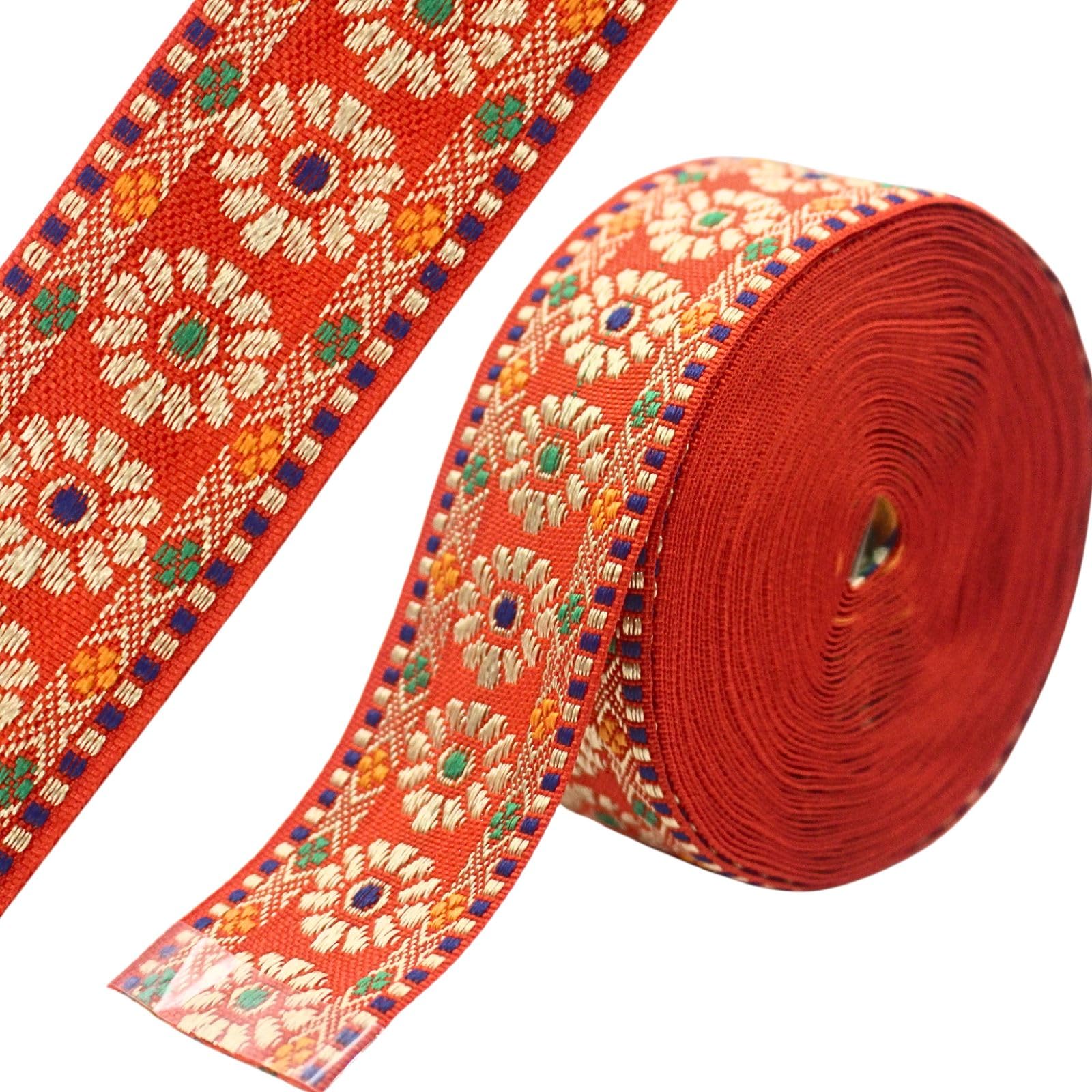 PEARLY JUN 7 Yards Orange Red Jacquard Ribbon Embroidered Vintage Ethnic