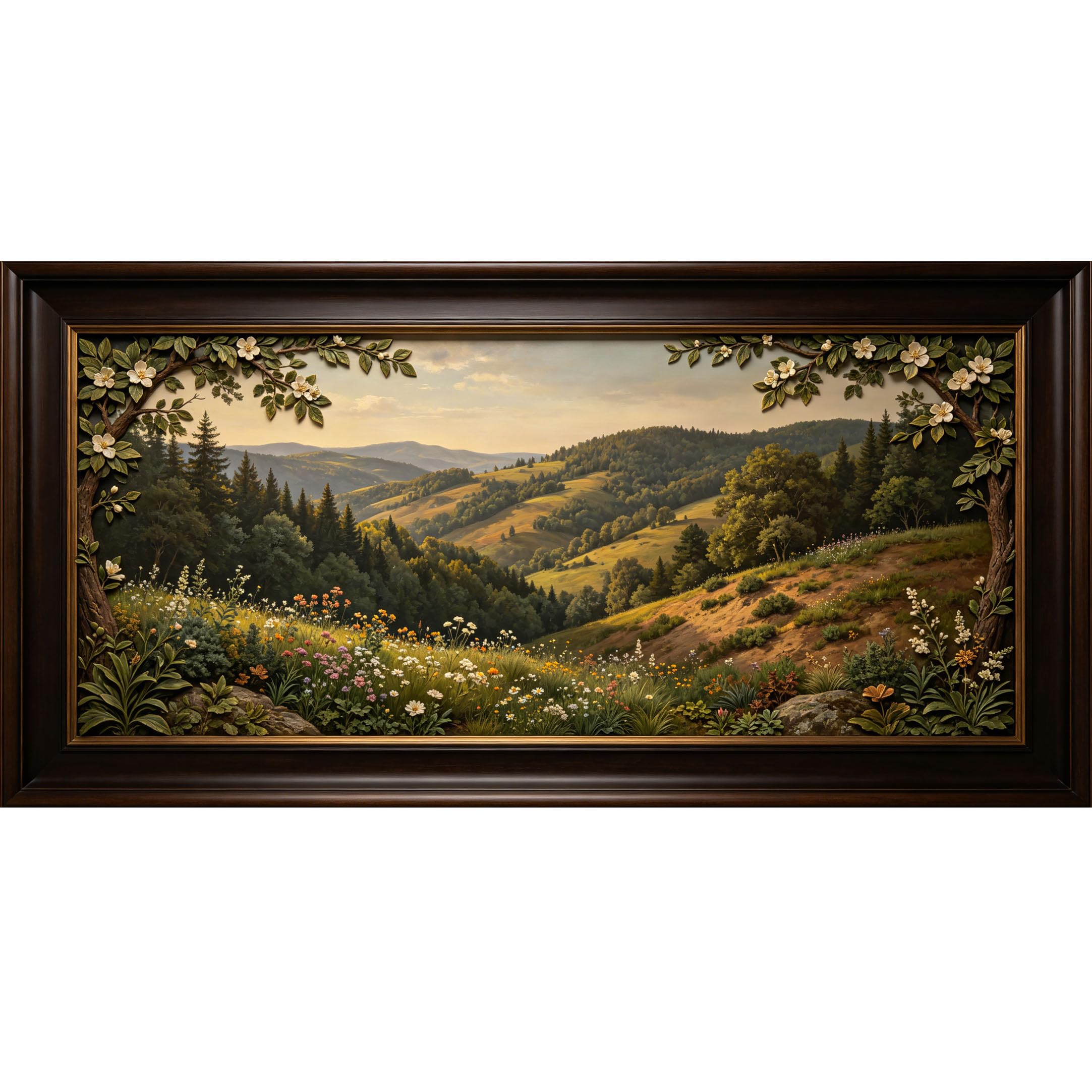 Agglomerix 3D Framed Wall Art Landscape Botanical Relief Effect Mountain Forest Wildflowers Large Size SelfAdhesive Removable Wall Decor Prints Artwork for Living Room Bedroom Office