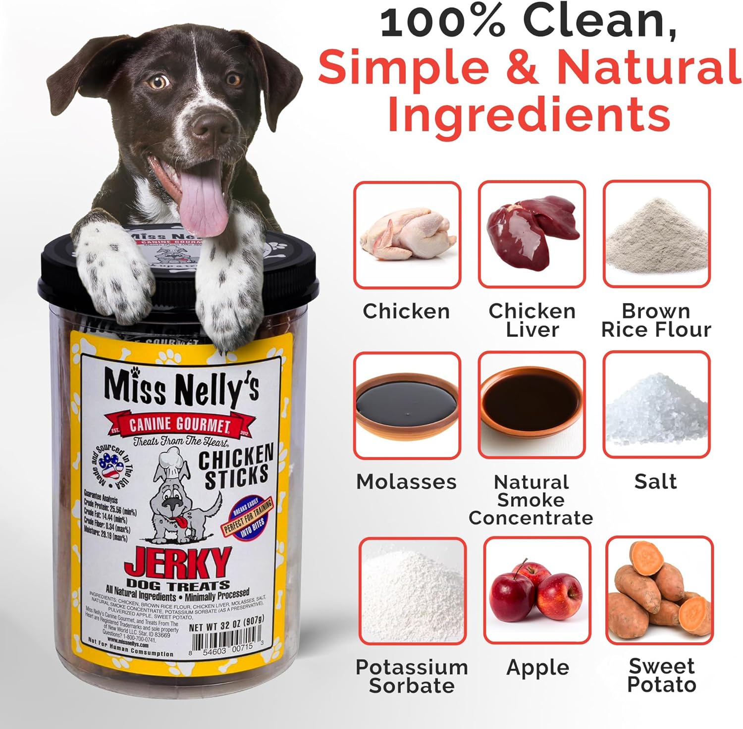 Miss Nelly's- All Natural Chicken Jerky Dog Treats Made in USA Only-Original Smoke House Recipe-Minimally Processed Soft Sticks Dog Jerky Treats-32 oz. Bags