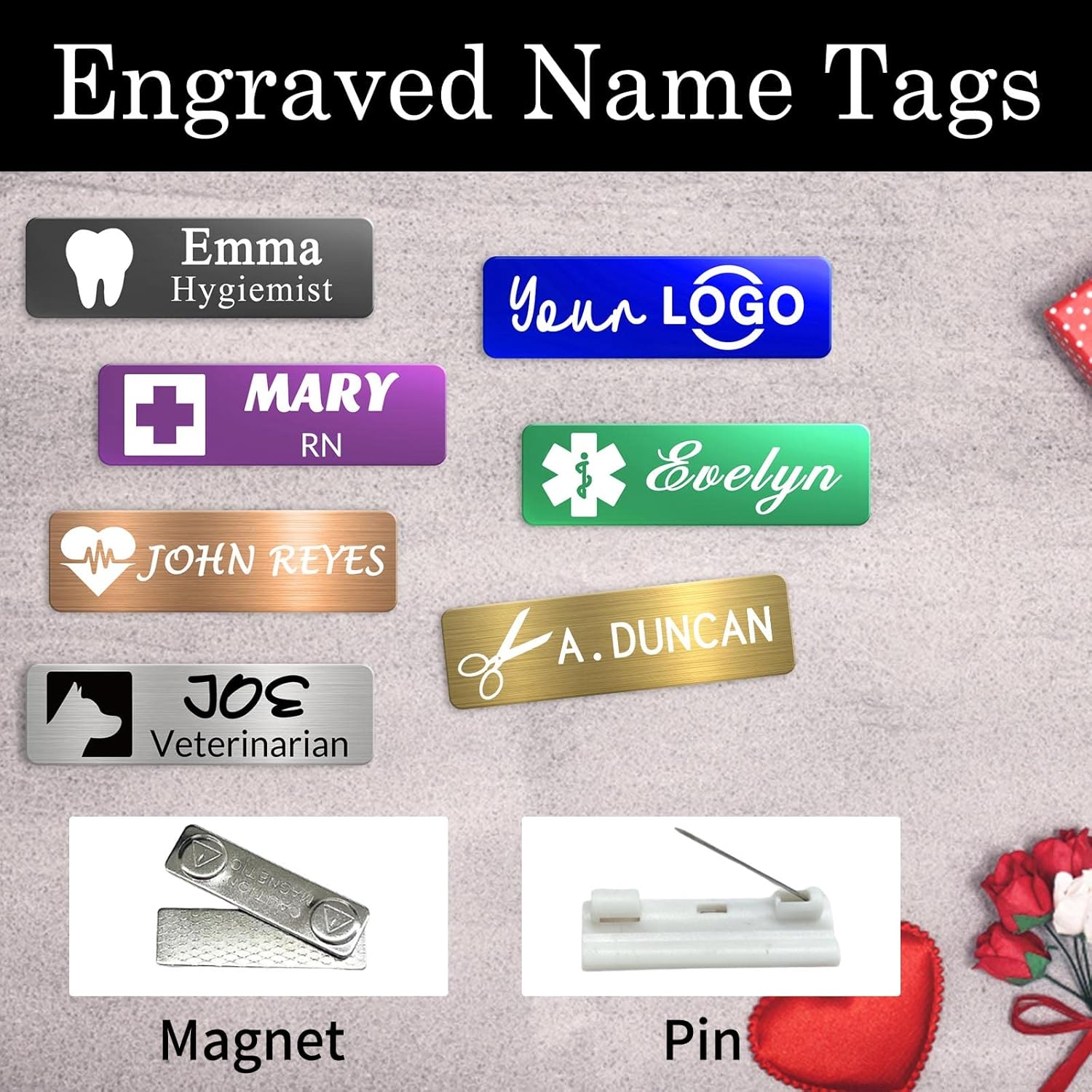 Custom Name Tag Personalized Engraved Name Logo Badges Customized Id Tags with Pin or Magnetic Backing Metal Gifts for Business Doctors Nurse