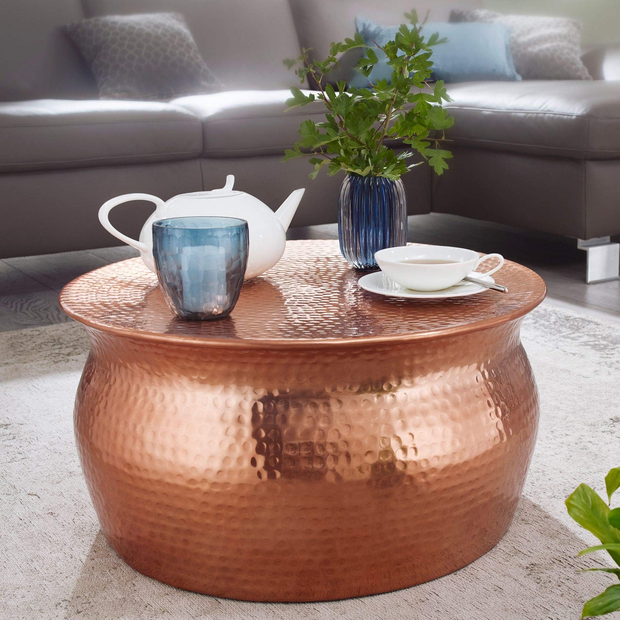 Coffee table ARAM 60x30,5x60cm aluminum copper side table oriental round. Flat hammered coffee table metal. Design living room table modern. Lounge table indian stub table small copper colors