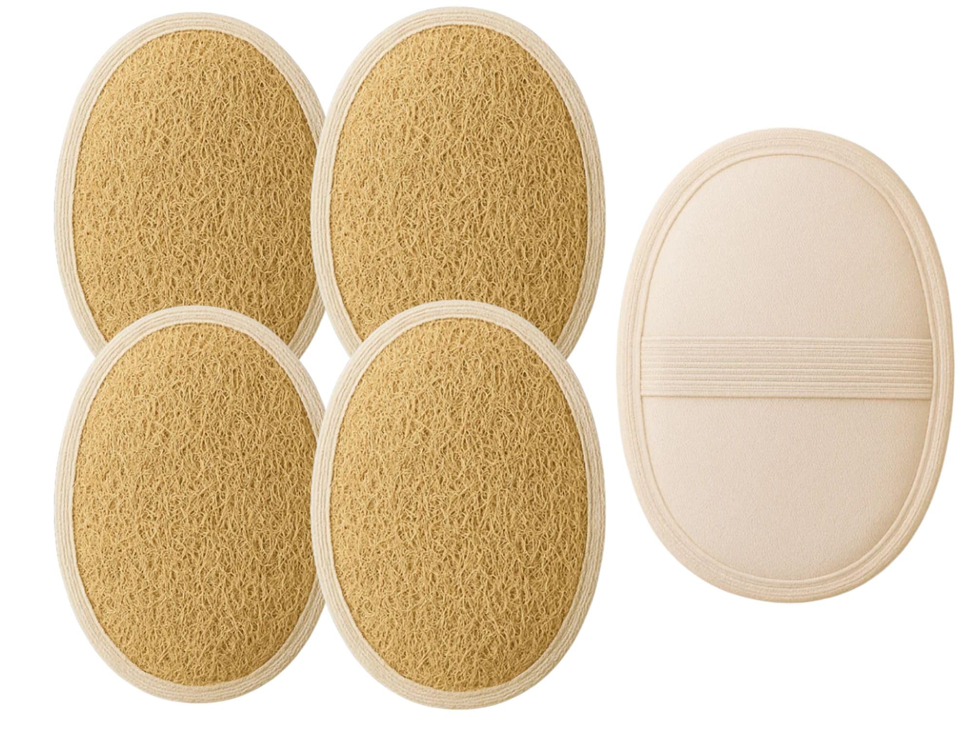 Lxve Natural Loofah Bath Shower Sponge, Exfoliating Body Scrubber with Soft Terry Washcloth, Anti-Fading Tan Frame, Handy Strap, 100% Compostable and Biodegradable (Pack of 4)-image-14