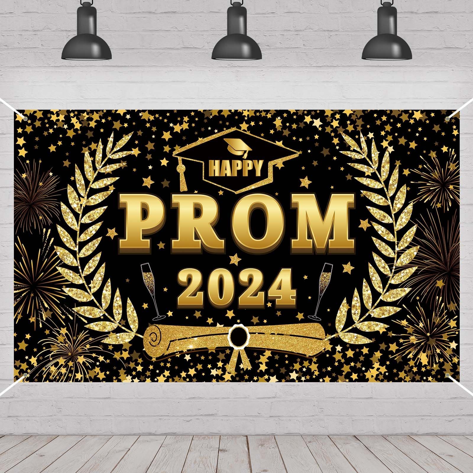 Prom 2023 Banner, Black and Gold Photo Booth Backdrop Prom