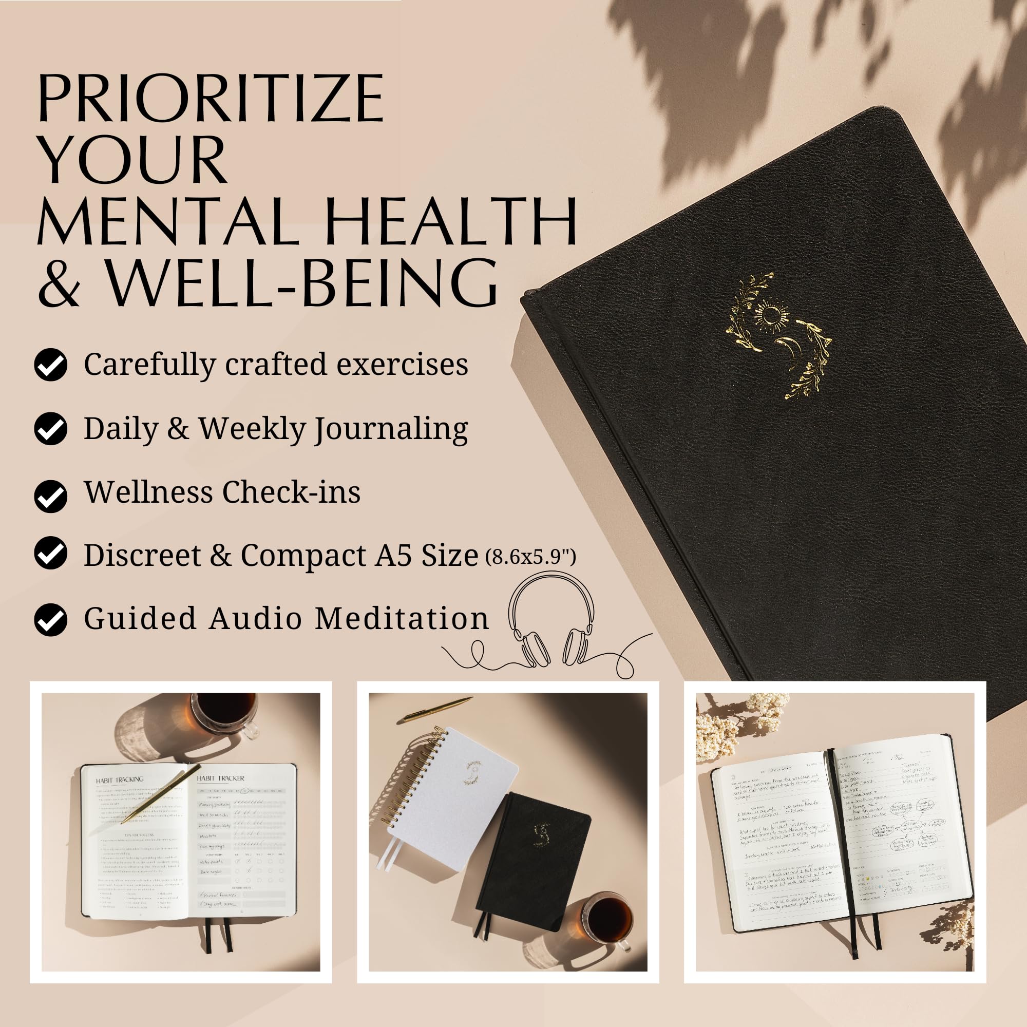 LIFTINSPIRE CO. FINDING BALANCE - Diario de salud mental de 100 días, diario con indicaciones para atención plena, cuidado personal y curación, alivio de la ansiedad y la depresión, tapa dura negra