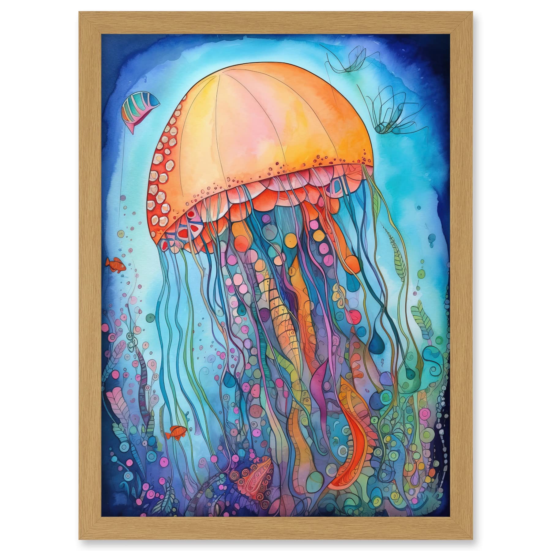 Artery8 Jellyfish With Aquatic Plants Folk Art Watercolour Painting Artwork Framed A3 Wall Art Print