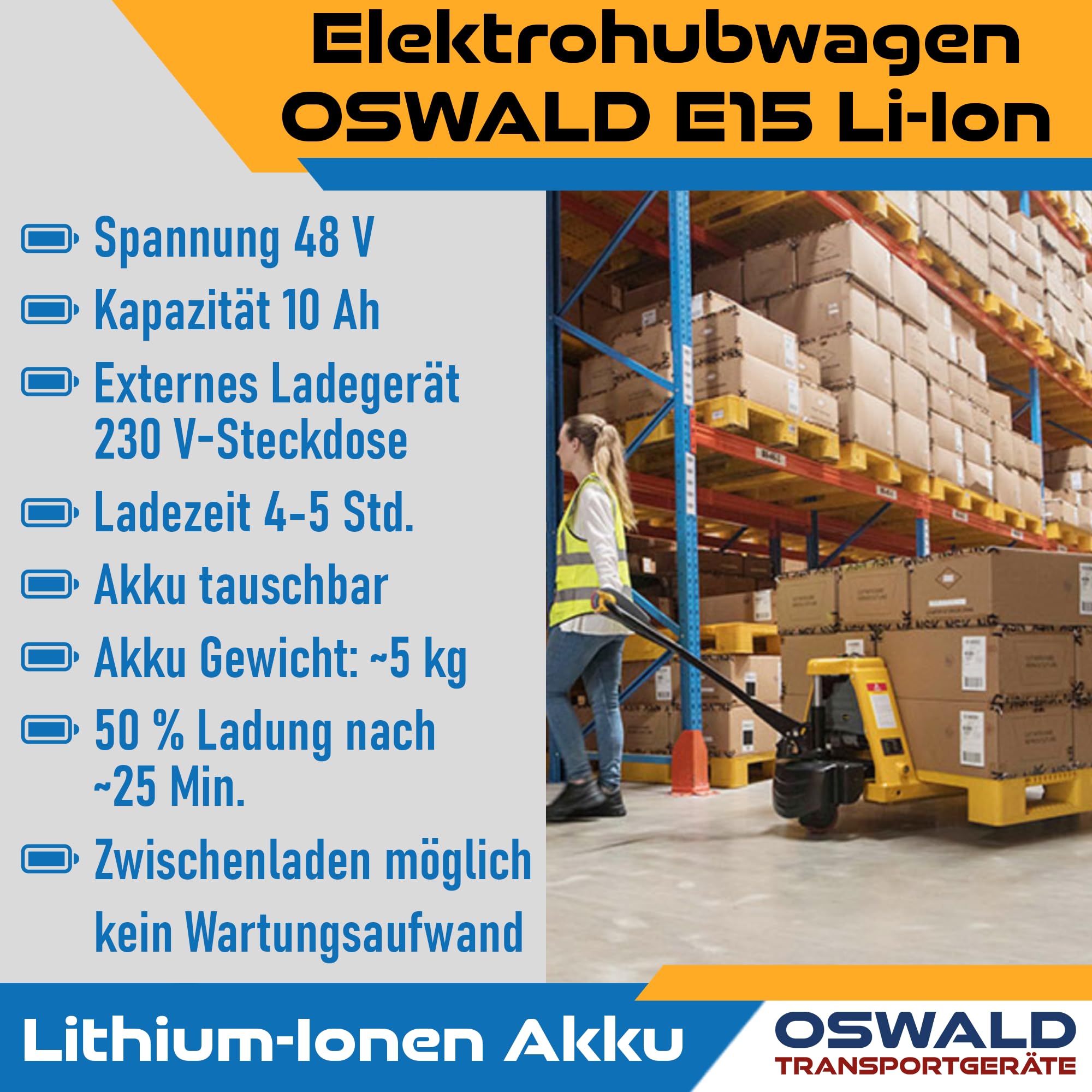 Elektrohubwagen Oswald E15Li - 1.500 kg Tragkraft - 1150 mm Gabellänge - 48V/10 Ah