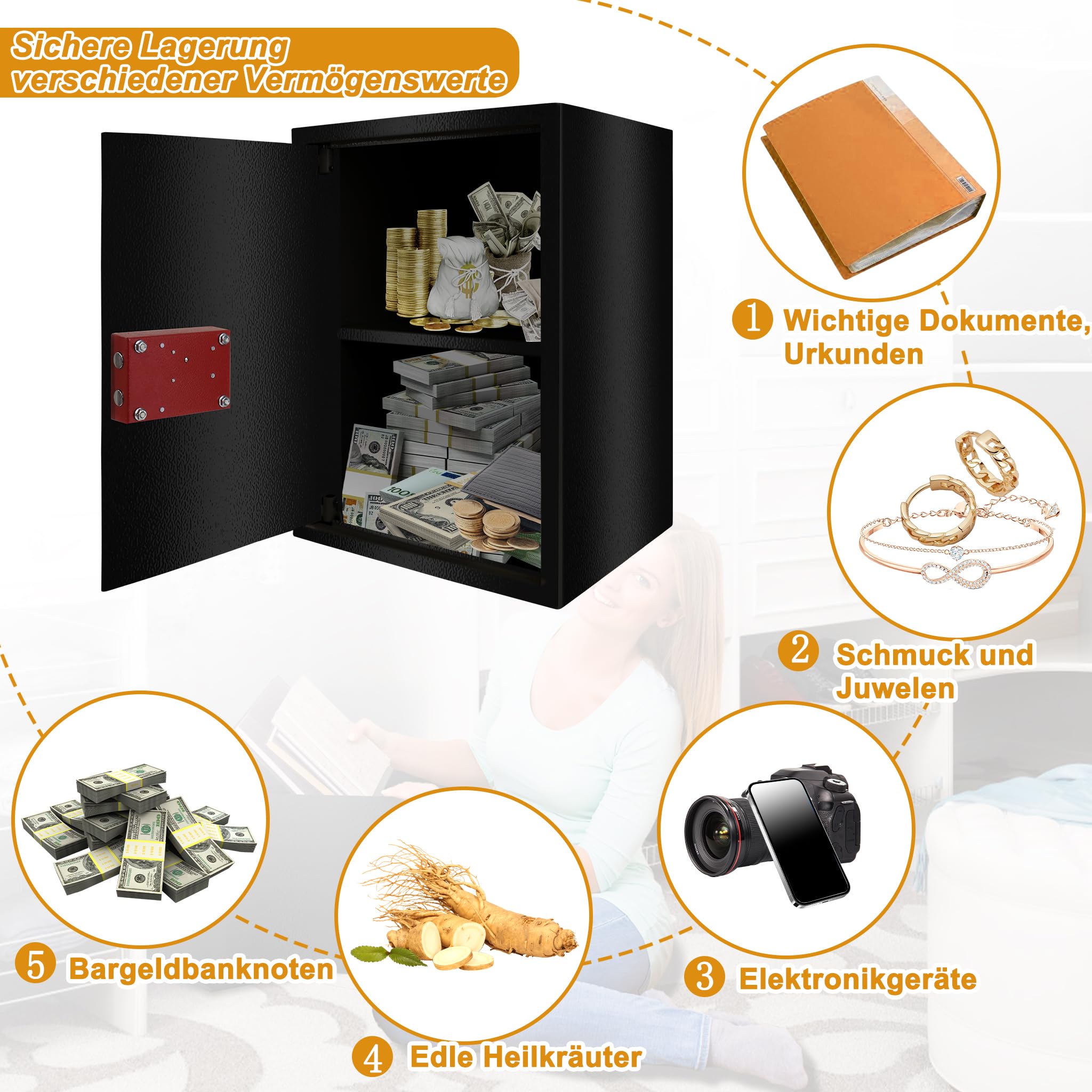 YRHome Sejf meblowy, sejf w rozmiarze XL, 35 x 31 x 50 cm, z 2 zamkiem na klucze i śrubami mocującymi, sejf podłogowy, ścienny, szafka na pieniądze, kolor czarny
